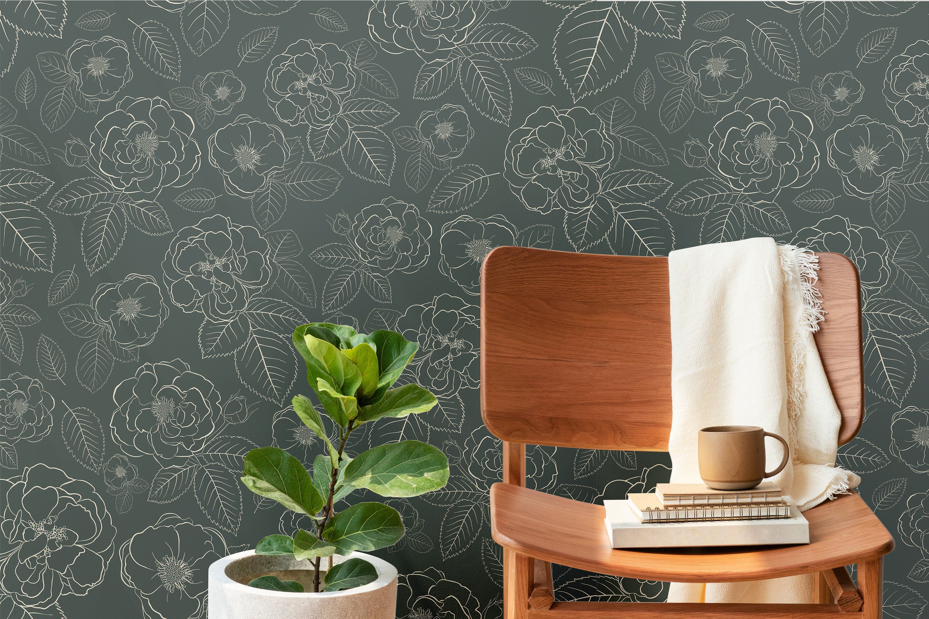 Wallpaper Peel and Stick Wallpaper Dark Green Floral Outline Removable Wallpaper Wall Decor Home Decor Wall Art Room Decor 649 - James And Colors