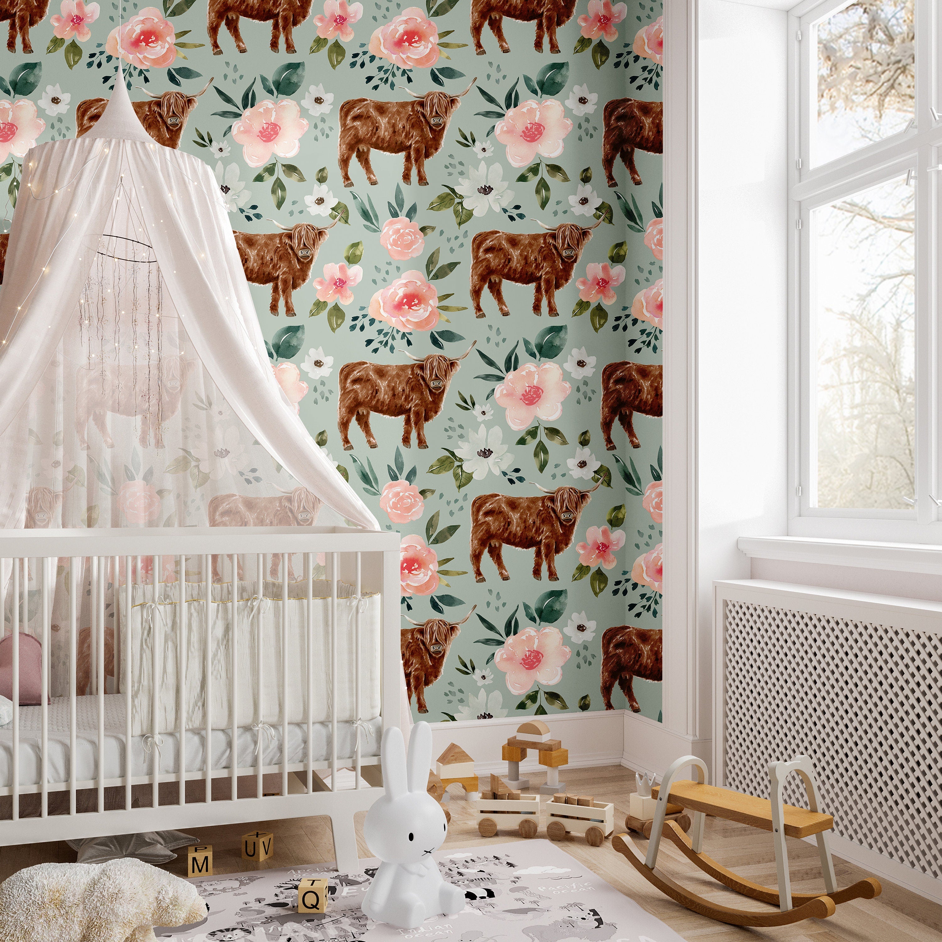 Highland Cow Floral Wallpaper | Girls Nursery Wallpaper | Kids Wallpaper | Childrens Wallpaper | Peel Stick Removable Wallpaper | 656 - James And Colors