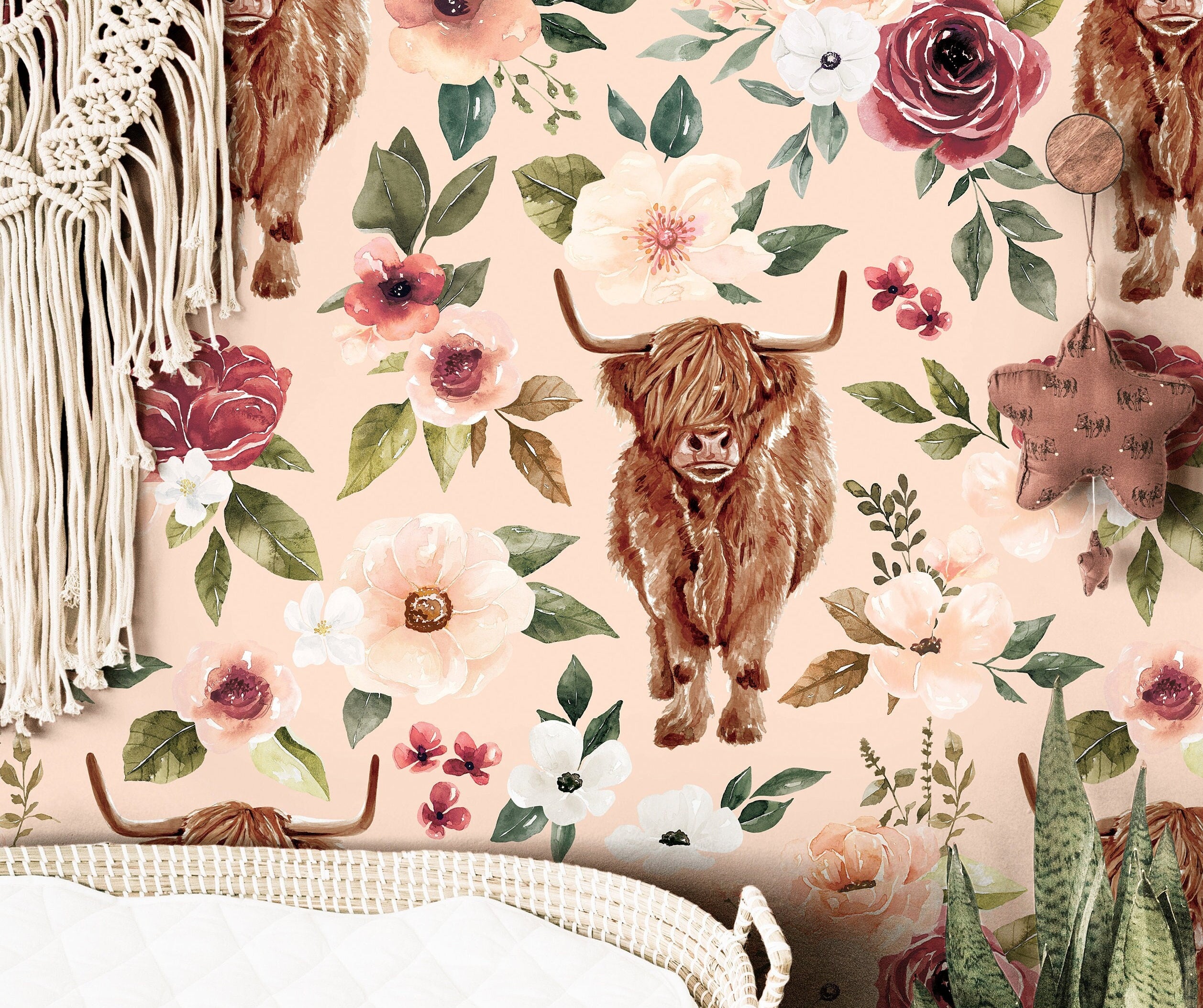 Pink Highland Cow Floral Wallpaper | Girls Nursery Wallpaper | Kids Wallpaper | Childrens Wallpaper | Peel Stick Removable Wallpaper | 655 - James And Colors