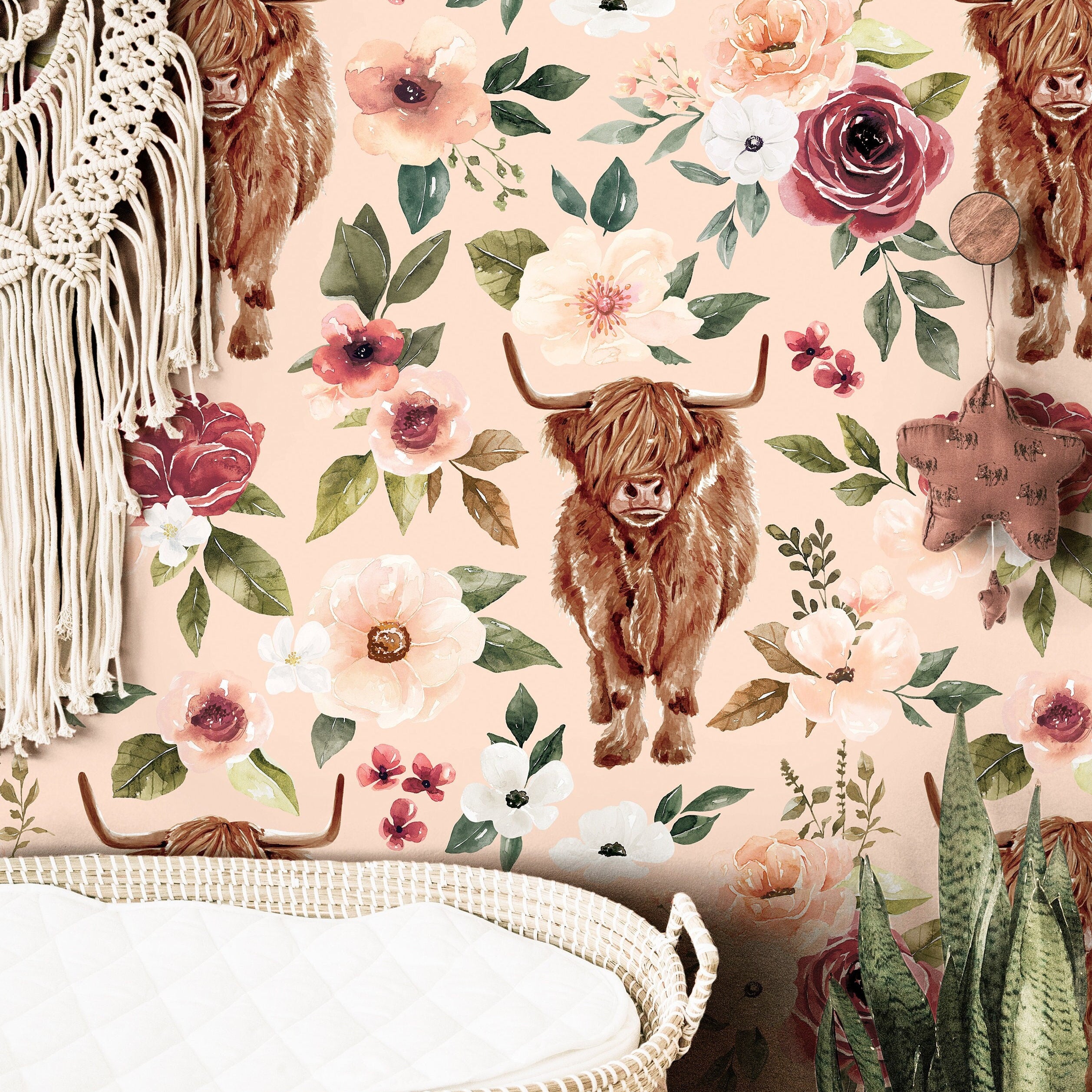 Pink Highland Cow Floral Wallpaper | Girls Nursery Wallpaper | Kids Wallpaper | Childrens Wallpaper | Peel Stick Removable Wallpaper | 655 - James And Colors