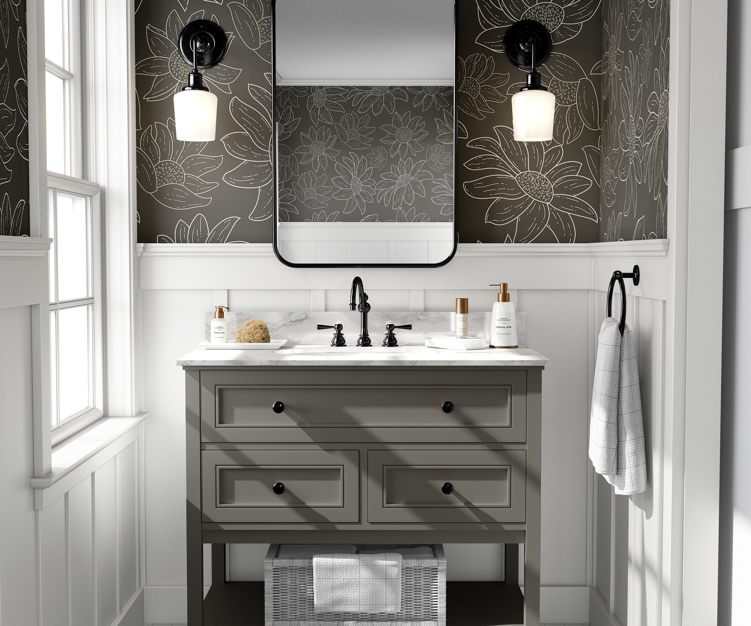 Wallpaper Peel and Stick Wallpaper Charcoal Floral Outline Removable Wallpaper Wall Decor Home Decor Wall Art Room Decor 651 - James And Colors