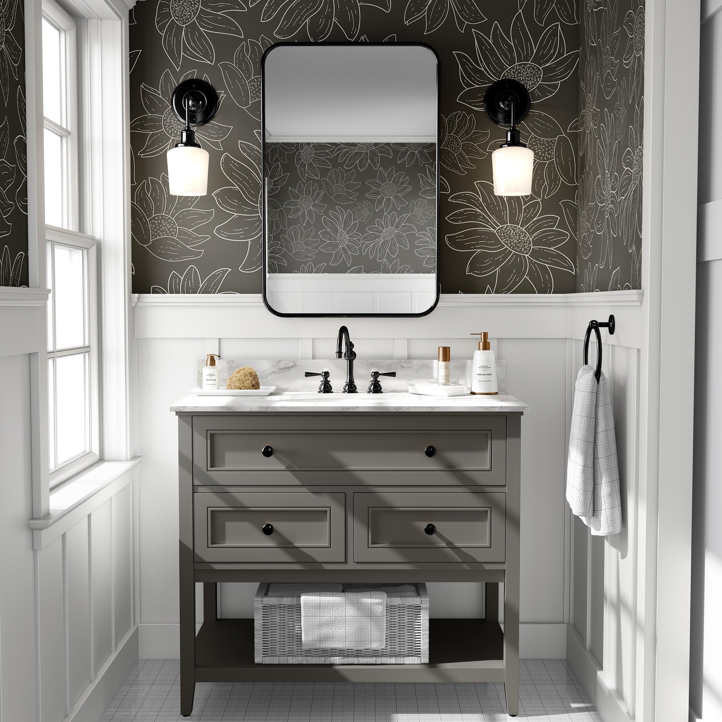 Wallpaper Peel and Stick Wallpaper Charcoal Floral Outline Removable Wallpaper Wall Decor Home Decor Wall Art Room Decor 651 - James And Colors