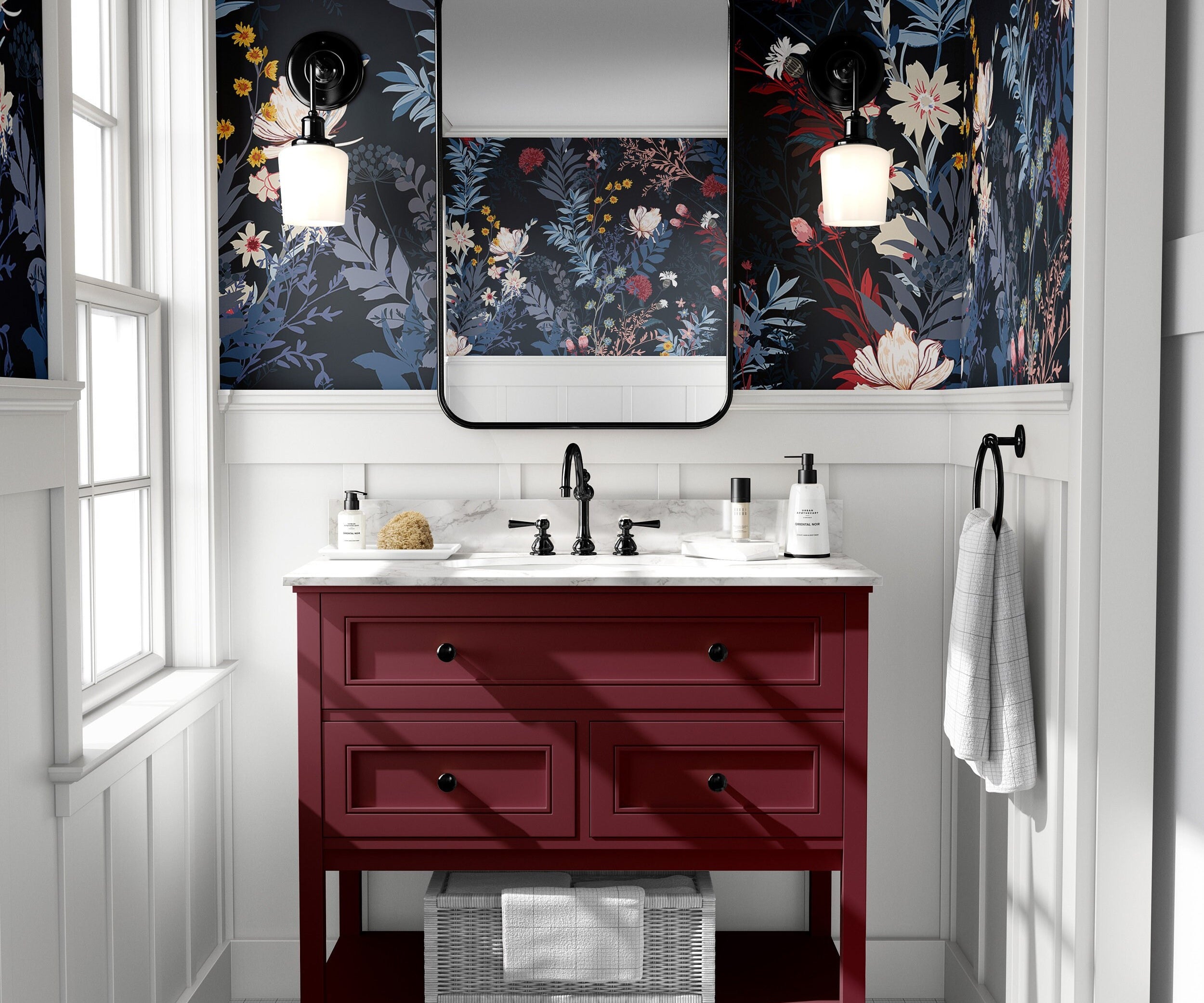 Wallpaper 643: Elegant bathroom with dark floral wallpaper featuring bold red, navy, and ivory blooms, styled with a deep red vanity and black fixtures.