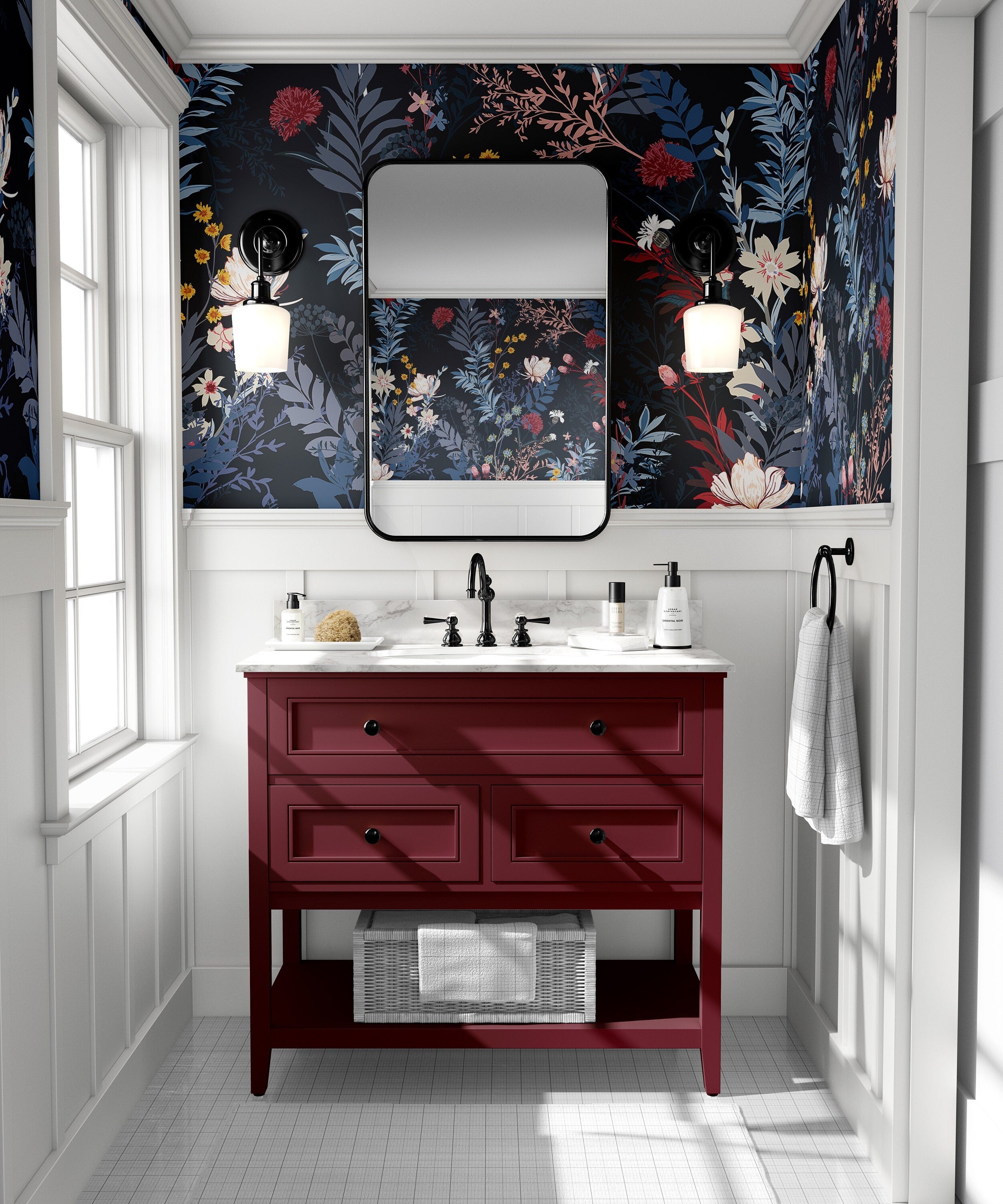 Wallpaper 643: Elegant bathroom with dark floral wallpaper featuring bold red, navy, and ivory blooms, styled with a deep red vanity and black fixtures.