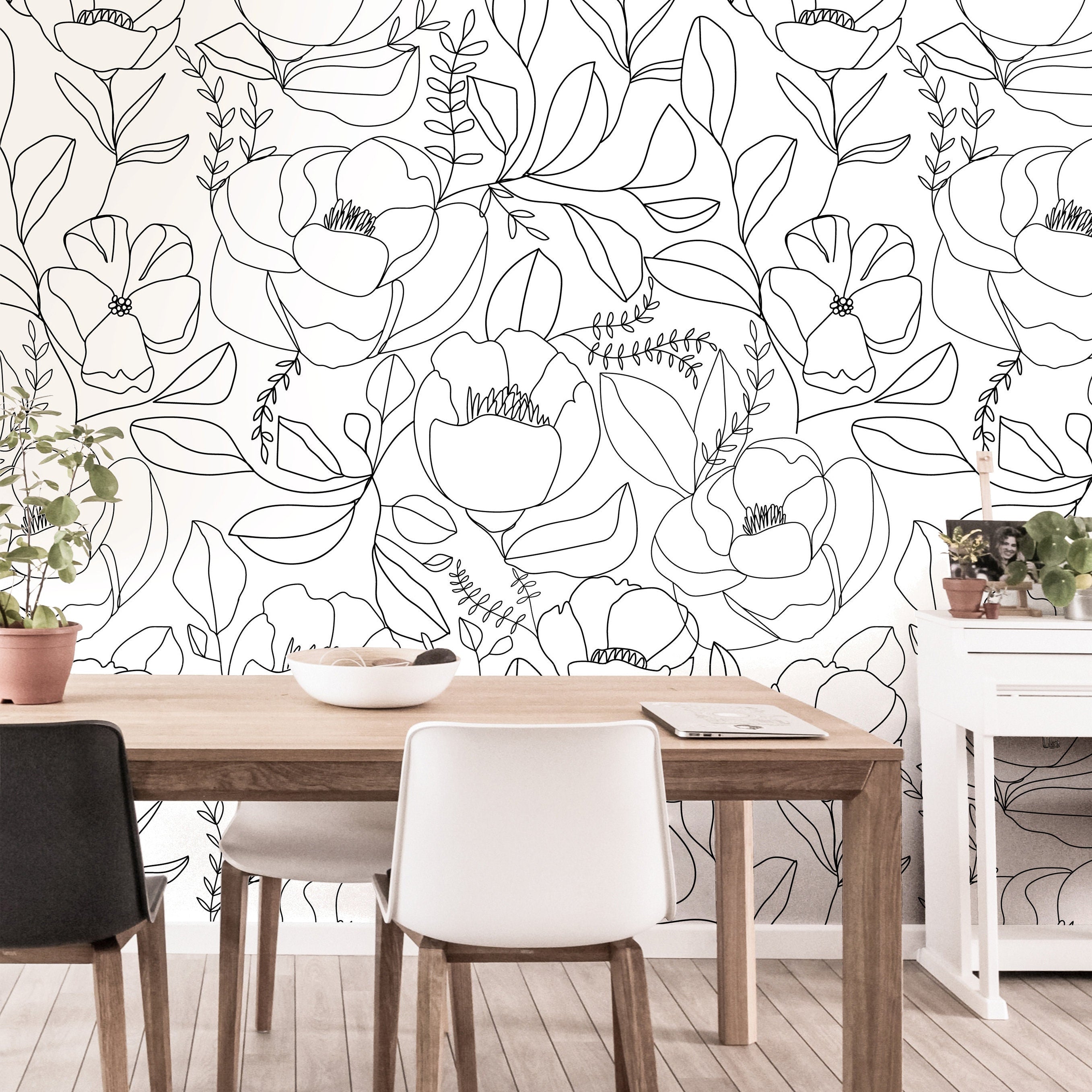 Blackline Blooms | Neutral Floral Removable Wallpaper for Entryway, Bedroom, Doors, Walls, DIY Home Decor 646a - James And Colors