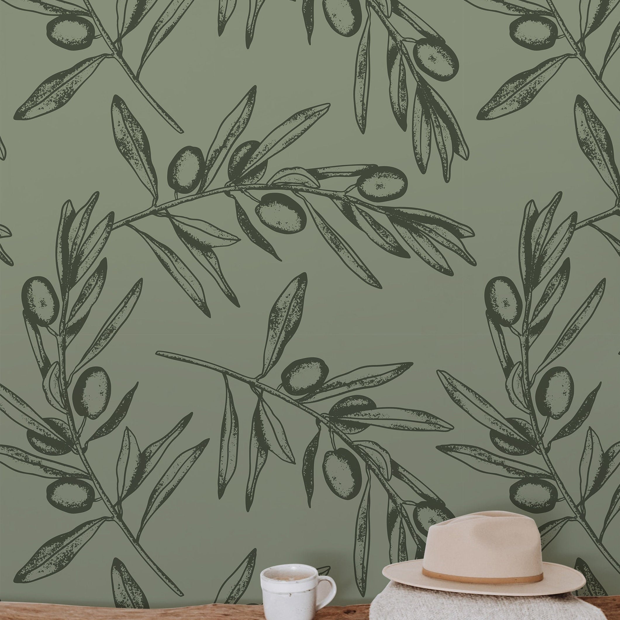 Wallpaper Peel and Stick Wallpaper Dark Green Floral Olive Branchs Outline Removable Wallpaper Wall Decor Home Decor Wall Art Room Decor 647 - James And Colors