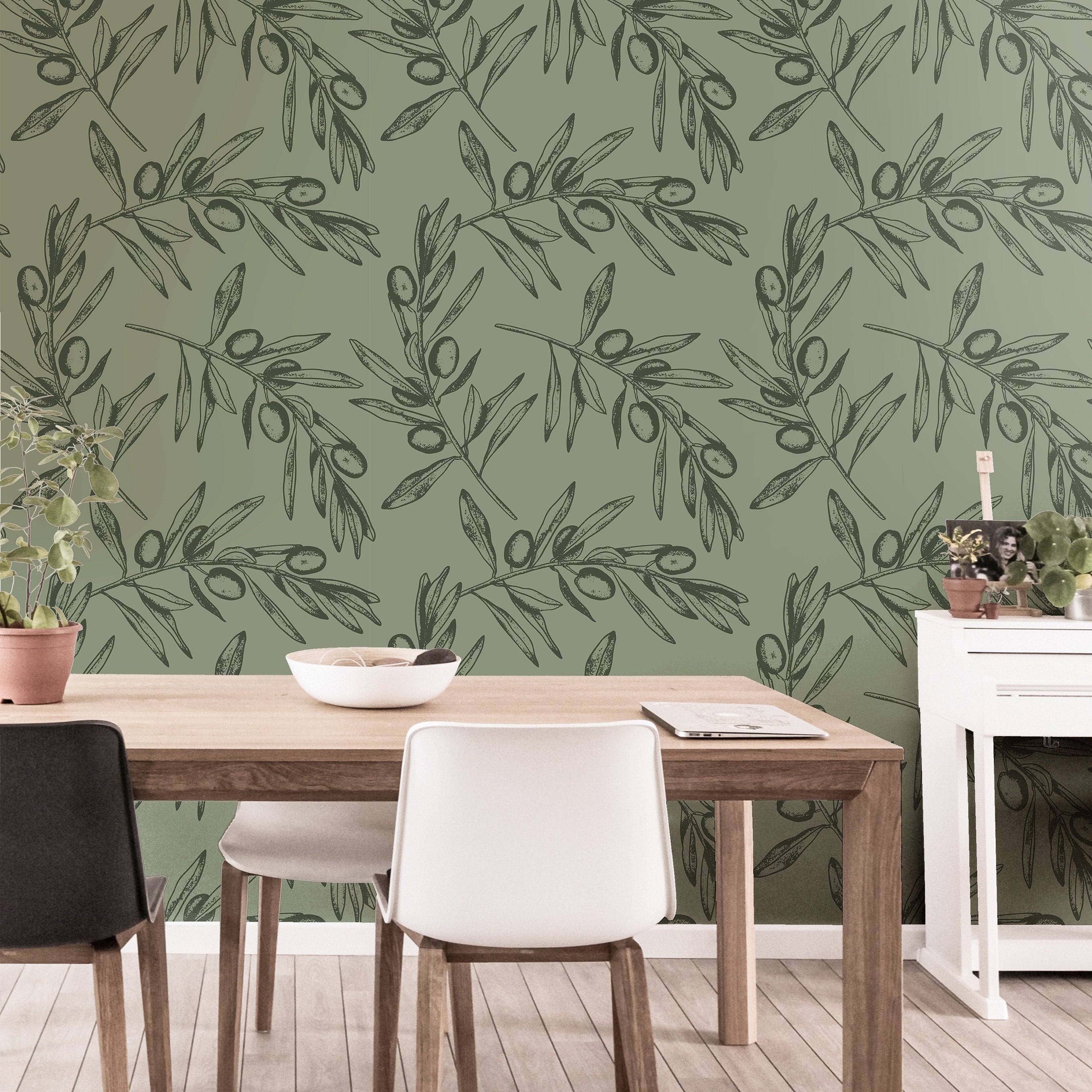 Wallpaper Peel and Stick Wallpaper Dark Green Floral Olive Branchs Outline Removable Wallpaper Wall Decor Home Decor Wall Art Room Decor 647 - James And Colors