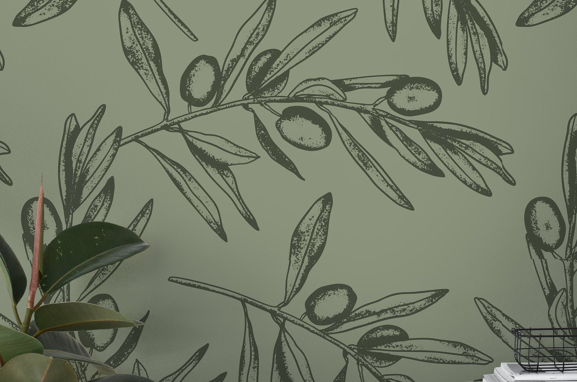 Wallpaper Peel and Stick Wallpaper Dark Green Floral Olive Branchs Outline Removable Wallpaper Wall Decor Home Decor Wall Art Room Decor 647 - James And Colors