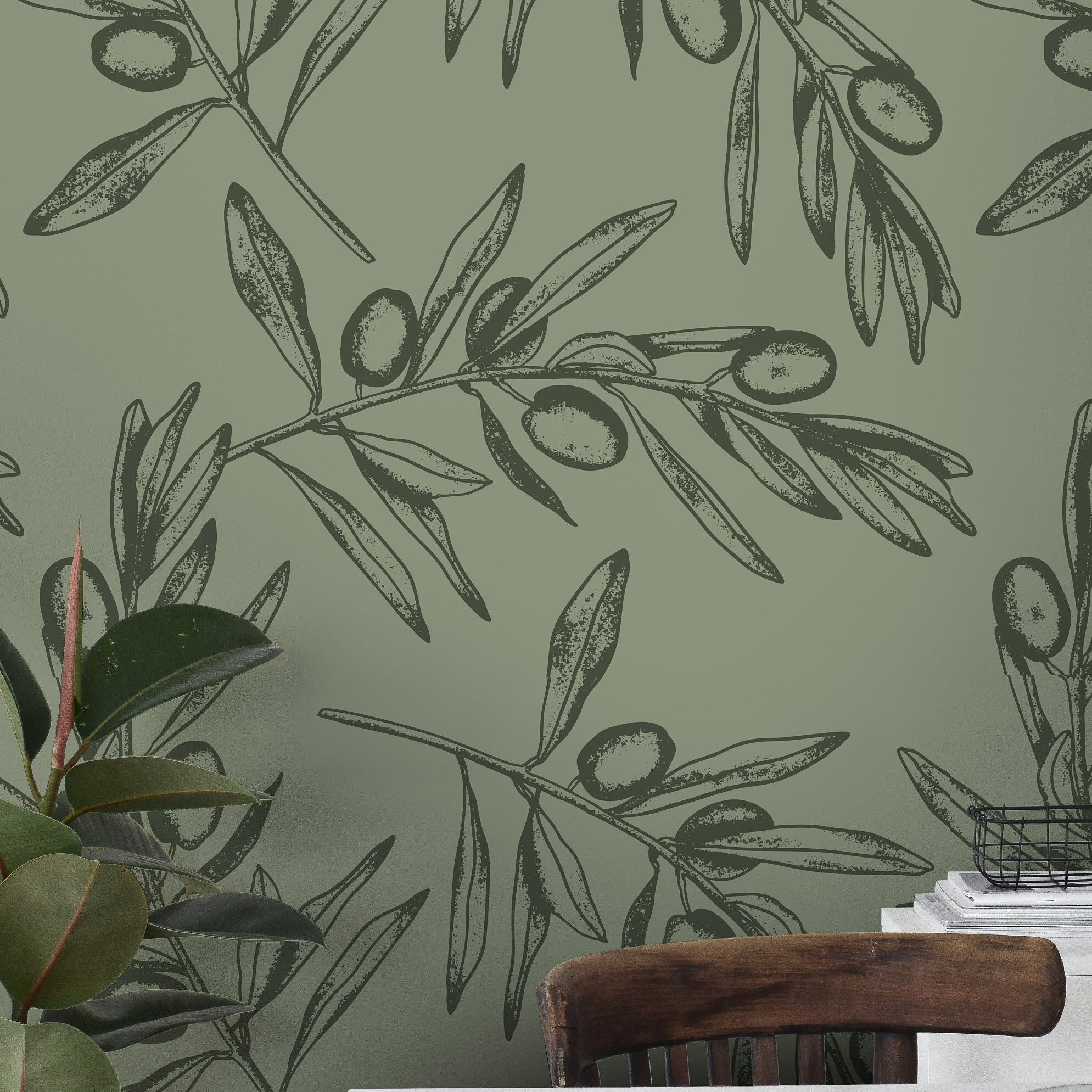 Wallpaper Peel and Stick Wallpaper Dark Green Floral Olive Branchs Outline Removable Wallpaper Wall Decor Home Decor Wall Art Room Decor 647 - James And Colors
