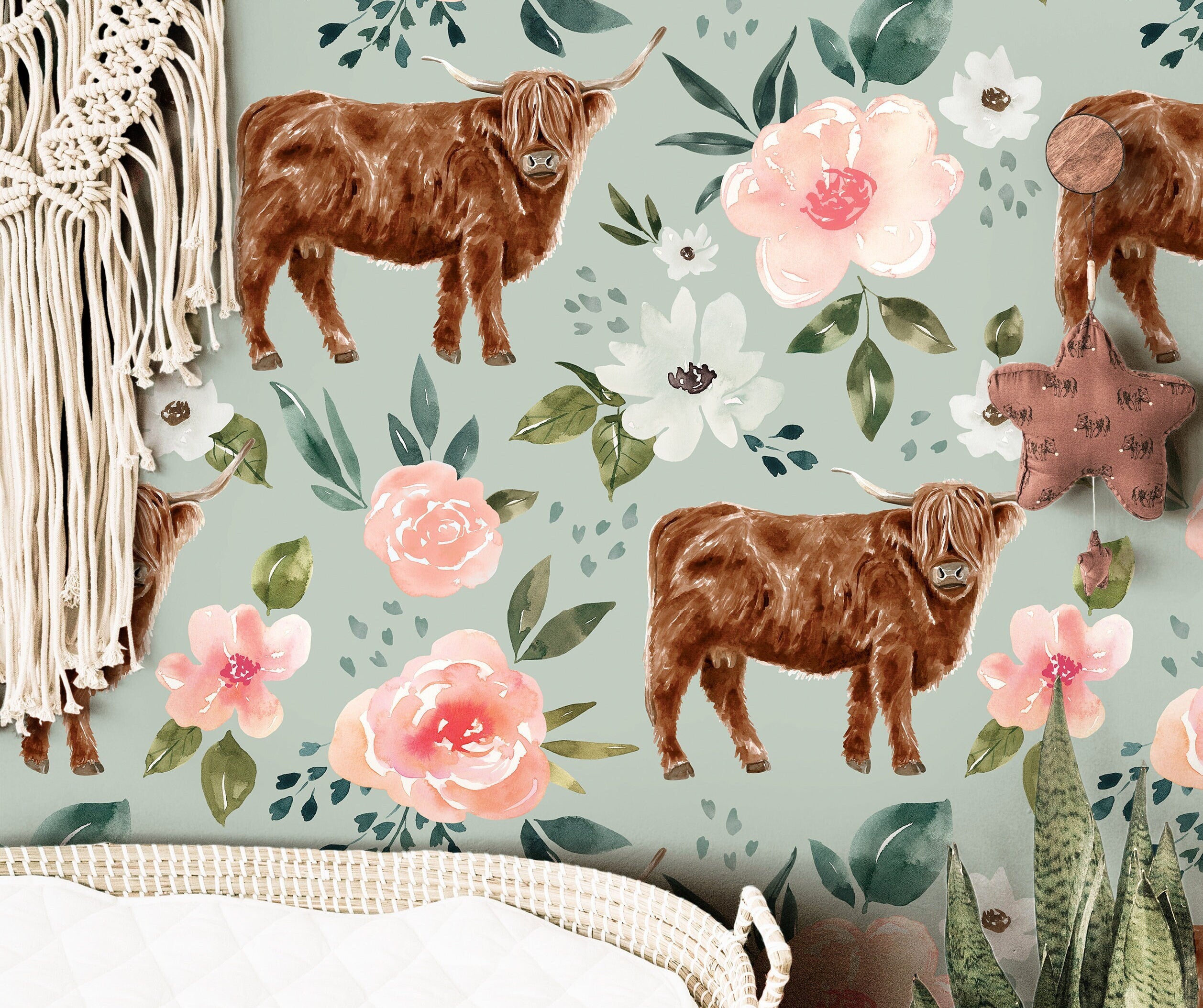 Highland Cow Floral Wallpaper | Girls Nursery Wallpaper | Kids Wallpaper | Childrens Wallpaper | Peel Stick Removable Wallpaper | 656 - James And Colors