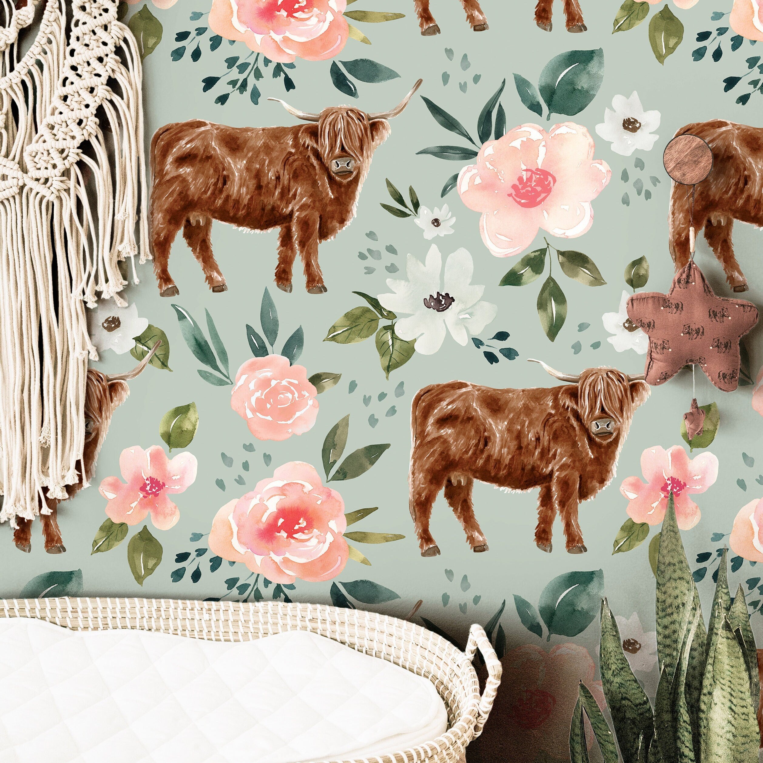 Highland Cow Floral Wallpaper | Girls Nursery Wallpaper | Kids Wallpaper | Childrens Wallpaper | Peel Stick Removable Wallpaper | 656 - James And Colors
