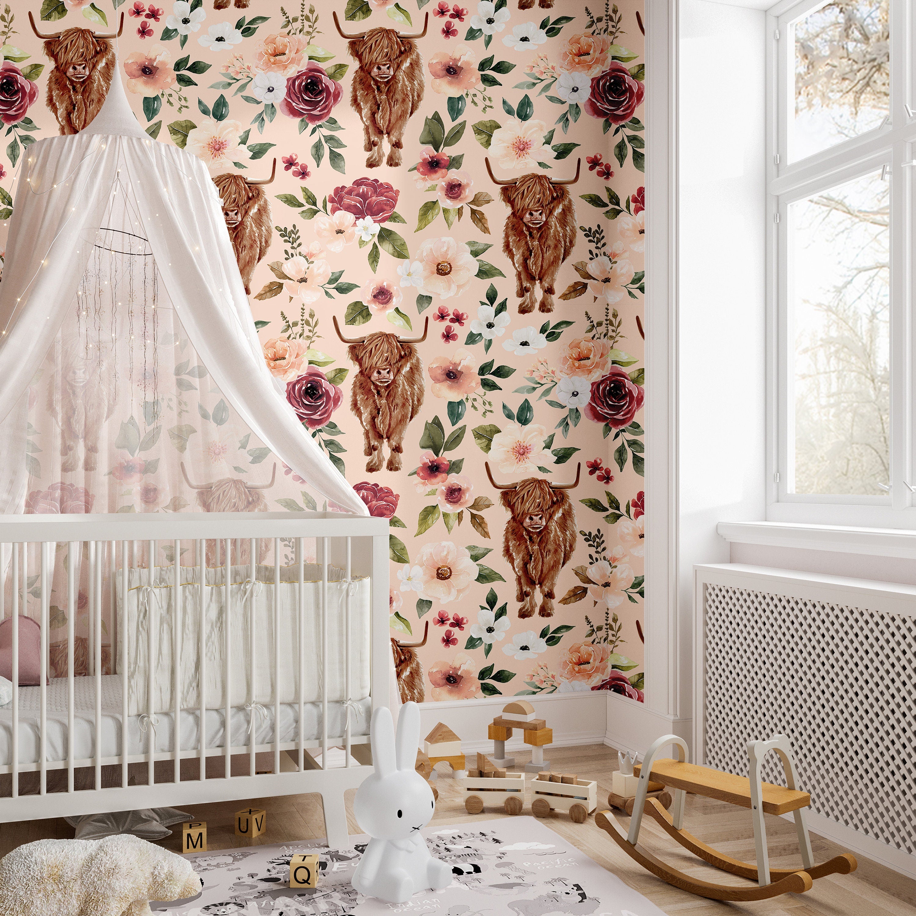 Pink Highland Cow Floral Wallpaper | Girls Nursery Wallpaper | Kids Wallpaper | Childrens Wallpaper | Peel Stick Removable Wallpaper | 655 - James And Colors