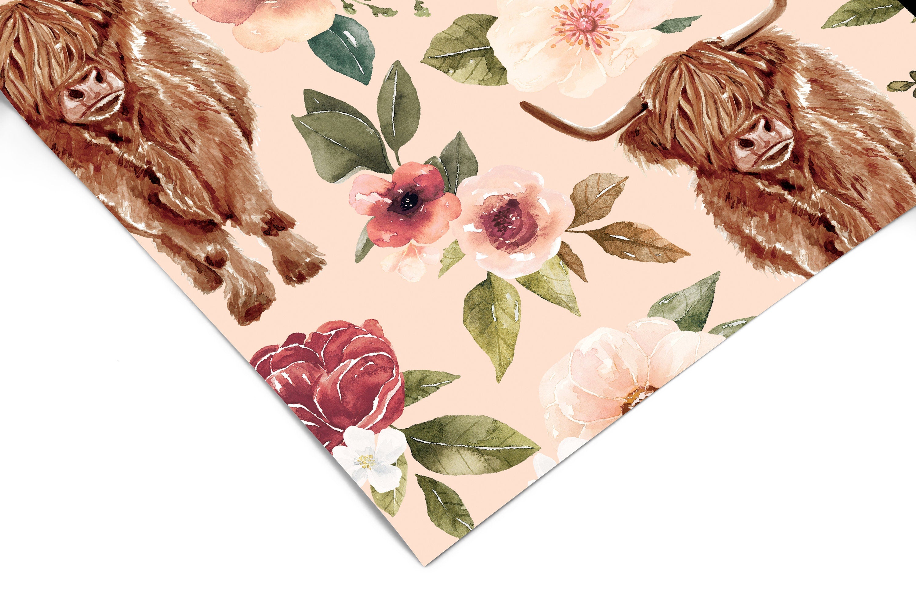 Pink Highland Cow Floral Wallpaper | Girls Nursery Wallpaper | Kids Wallpaper | Childrens Wallpaper | Peel Stick Removable Wallpaper | 655 - James And Colors