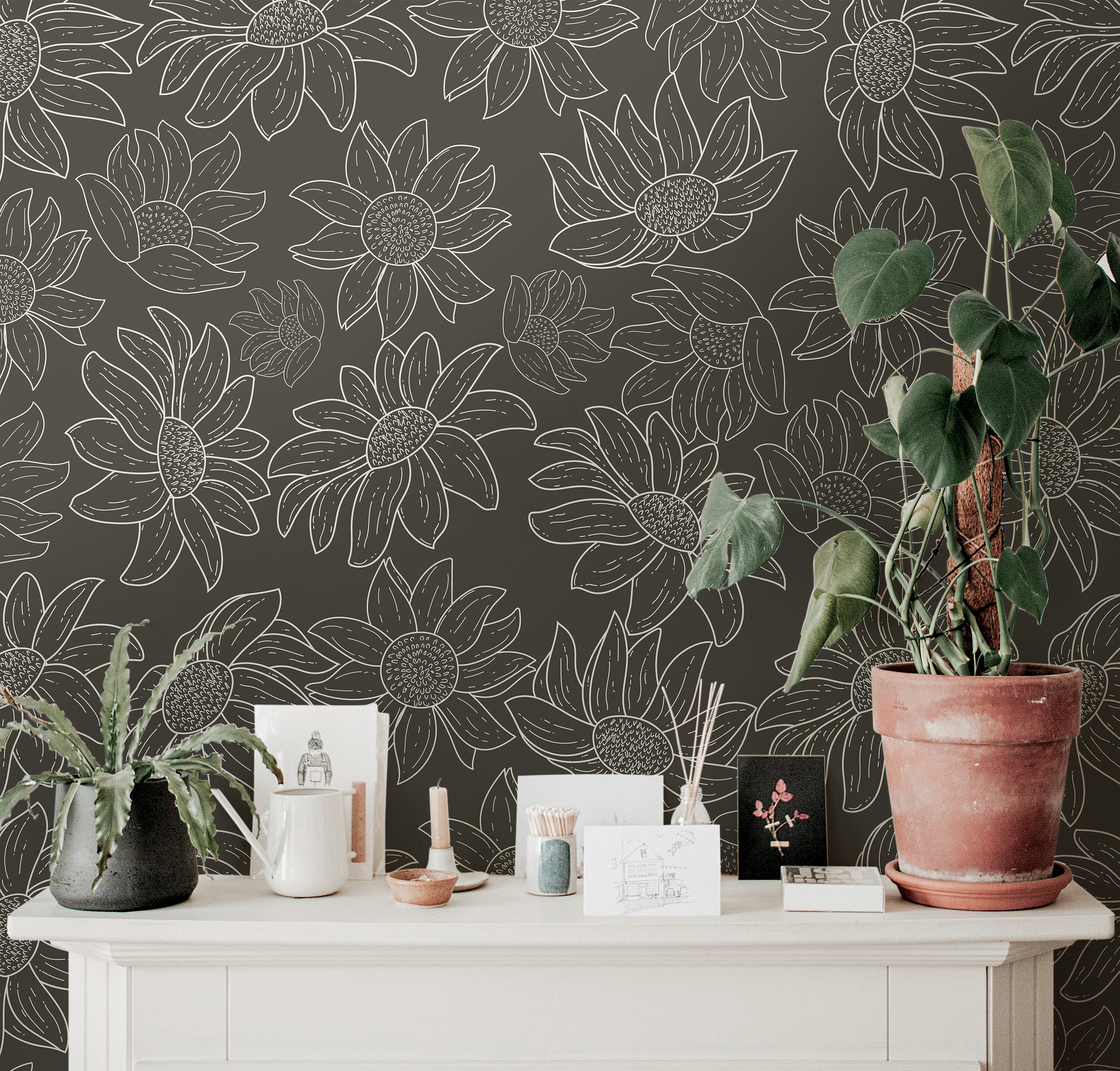 Wallpaper Peel and Stick Wallpaper Charcoal Floral Outline Removable Wallpaper Wall Decor Home Decor Wall Art Room Decor 651 - James And Colors