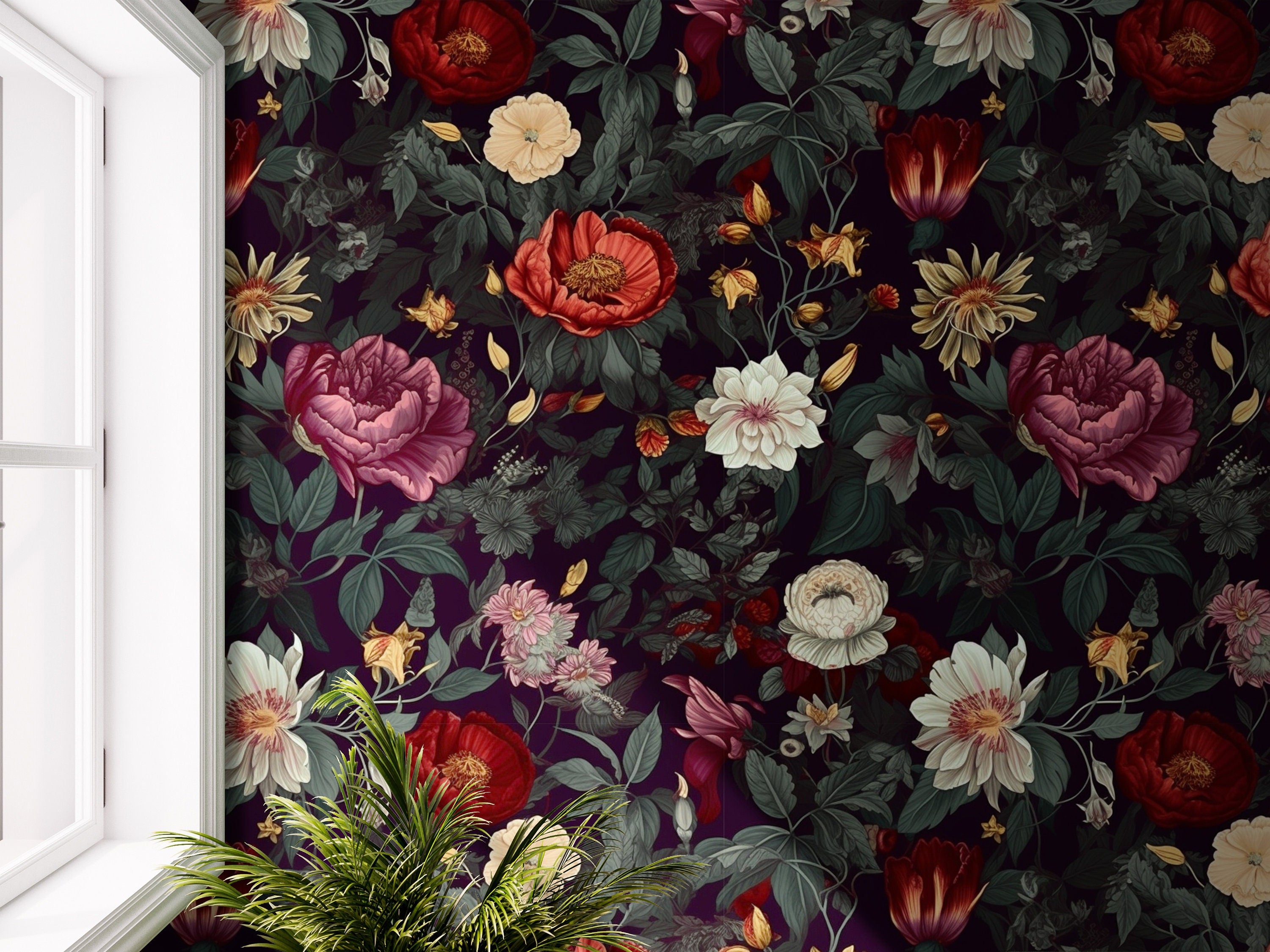 Wallpaper Peel and Stick Wallpaper Dark Floral Whimsical Garden Removable Wallpaper Wall Decor Home Decor Wall Art Room Decor 686 - James And Colors