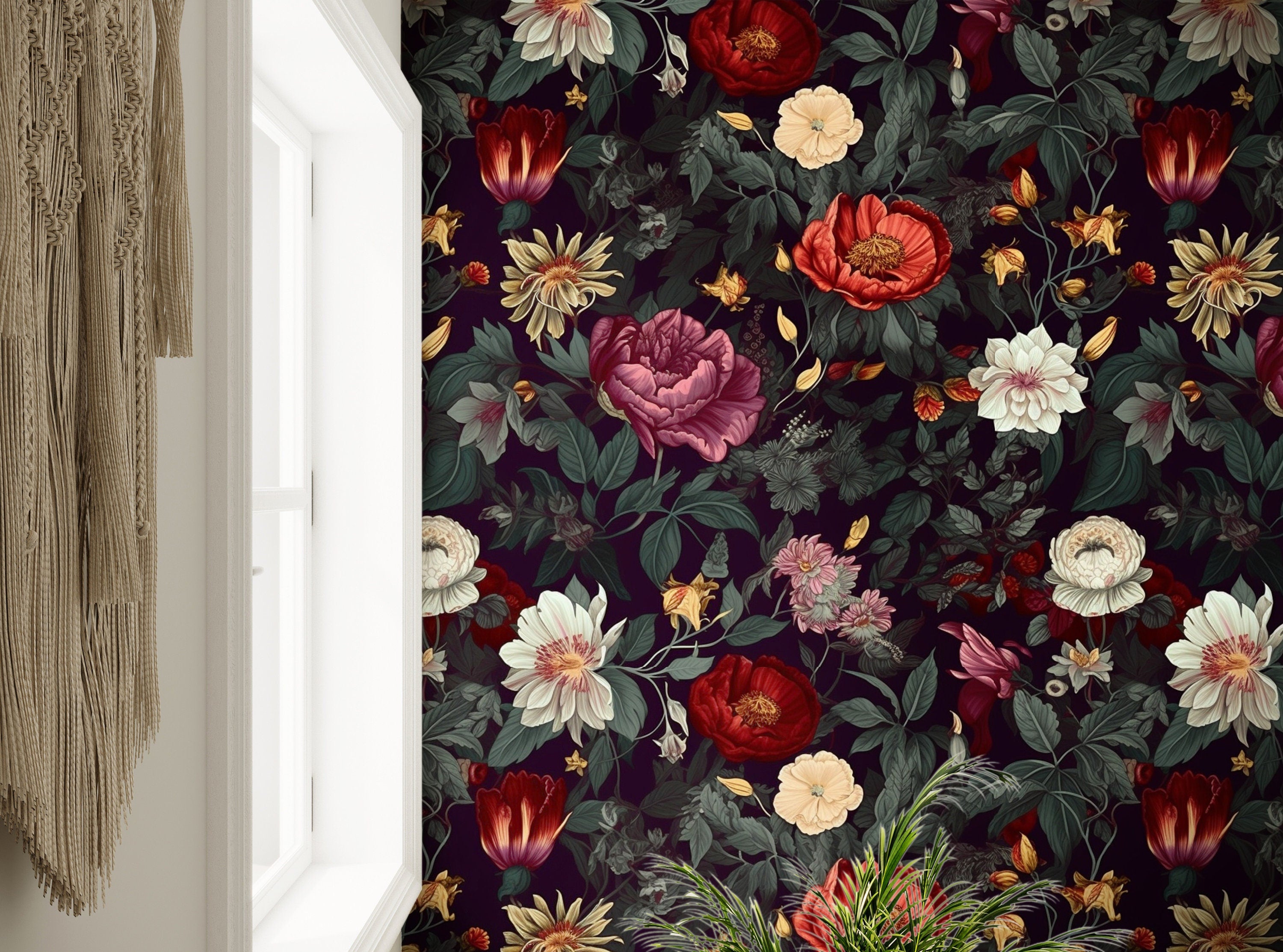 Wallpaper Peel and Stick Wallpaper Dark Floral Whimsical Garden Removable Wallpaper Wall Decor Home Decor Wall Art Room Decor 686 - James And Colors