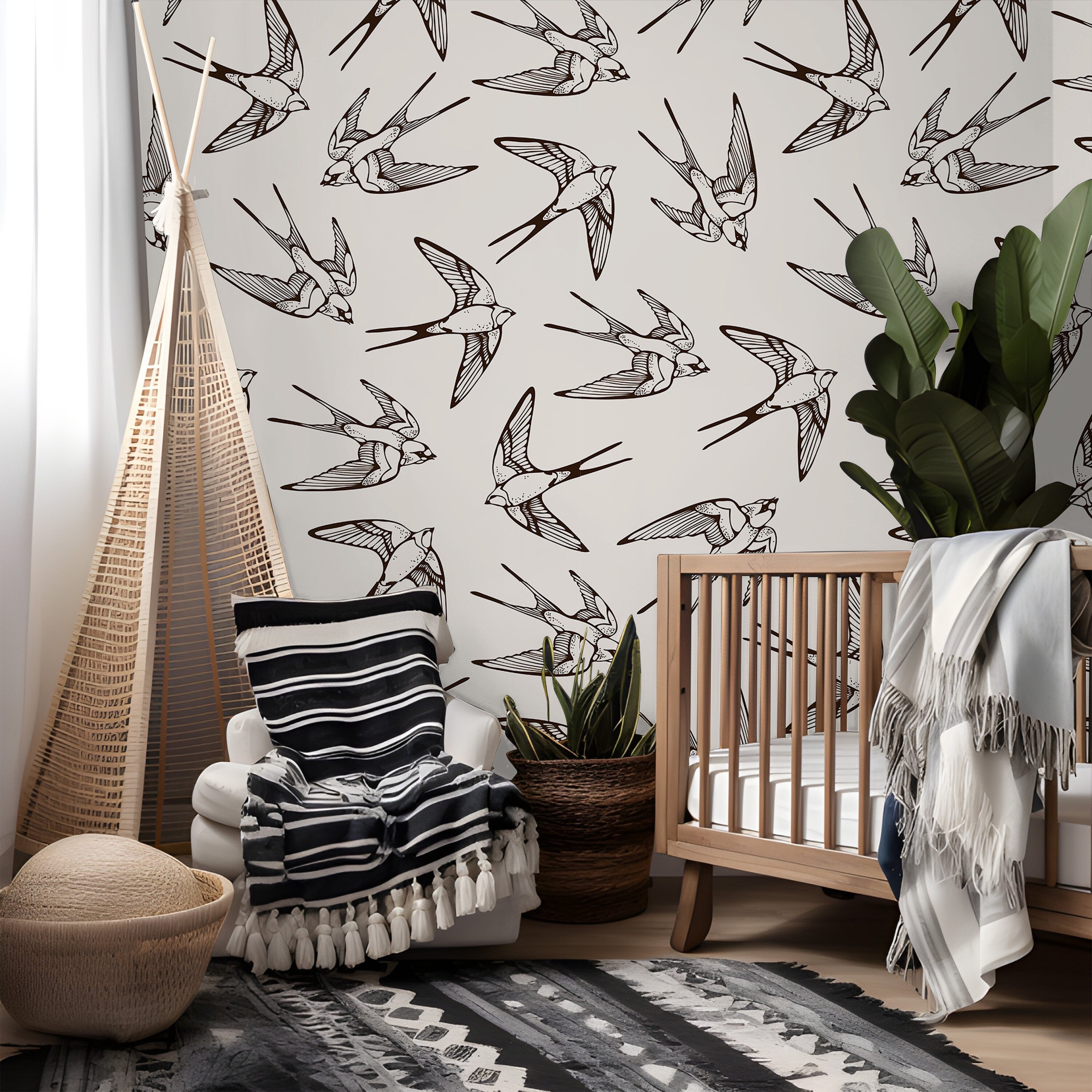 Removable Modern Sparrows Wallpaper | Boys Nursery Wallpaper | Kids Wallpaper | Childrens Wallpaper | Peel Stick Wallpaper | Boys Room | 702 - James And Colors
