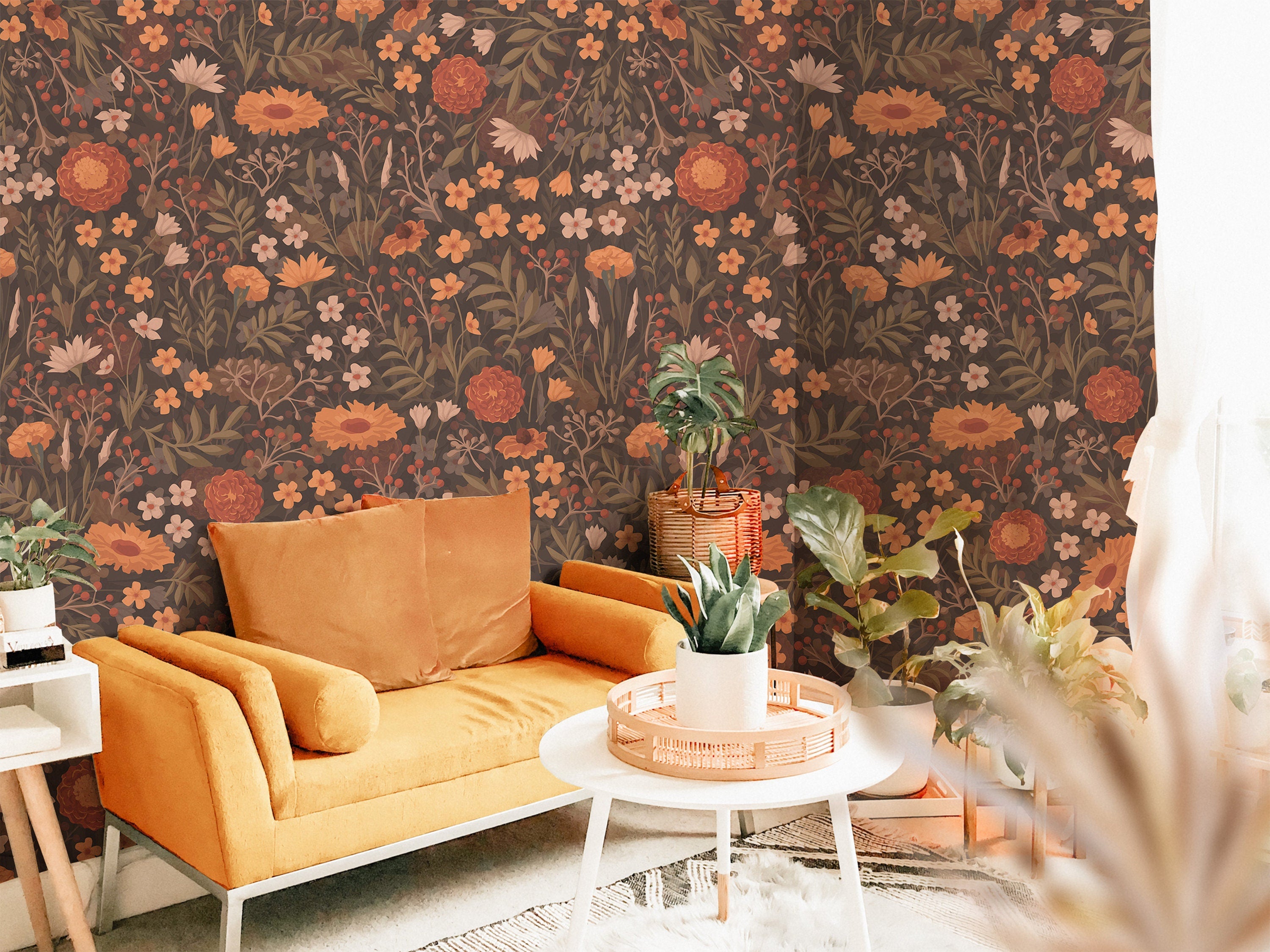Wallpaper Peel and Stick Wallpaper Autumn Floral Orange Brown Green Removable Wallpaper Wall Decor Home Decor Wall Art Room Decor 720