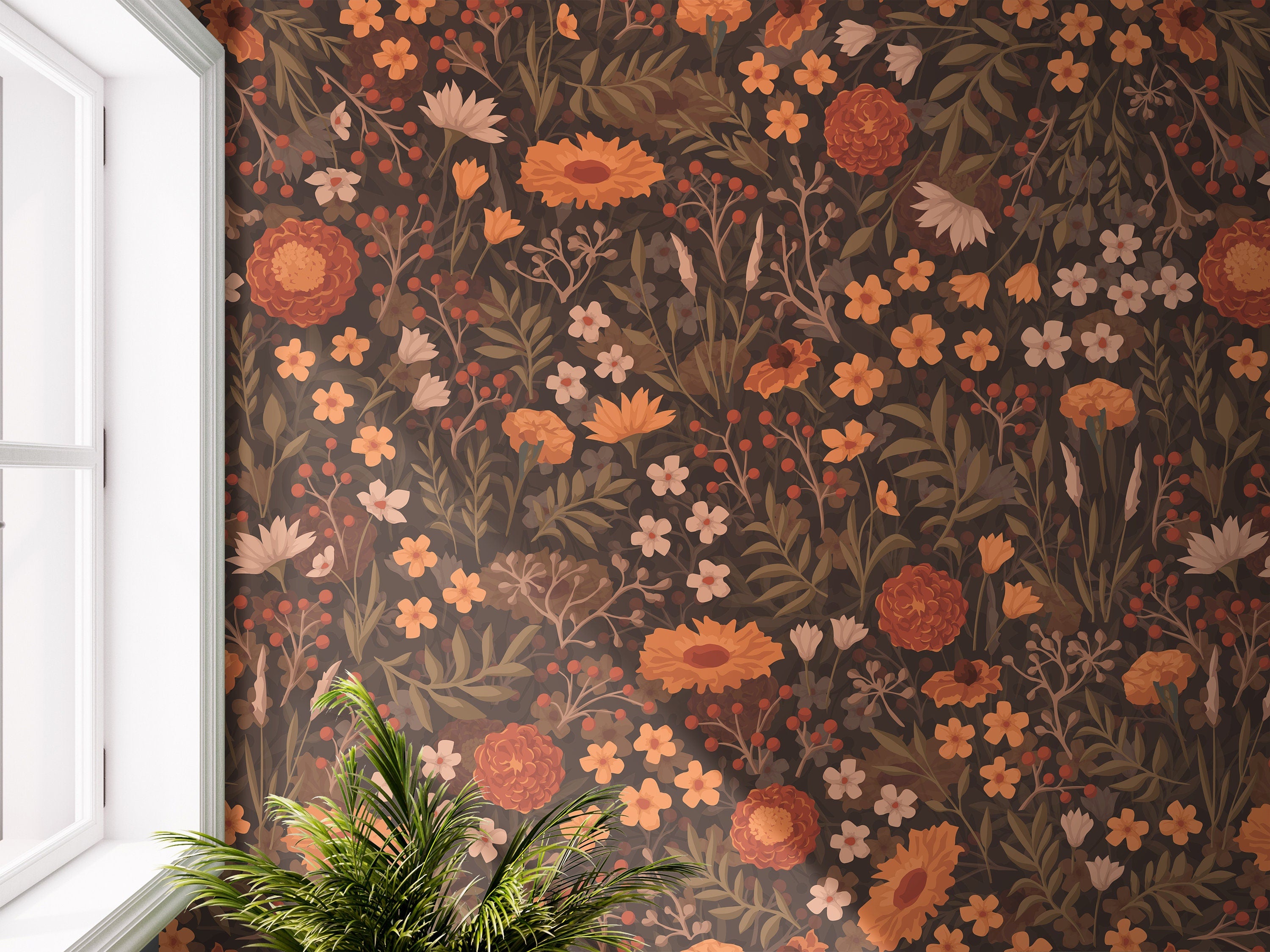 Wallpaper Peel and Stick Wallpaper Autumn Floral Orange Brown Green Removable Wallpaper Wall Decor Home Decor Wall Art Room Decor 720