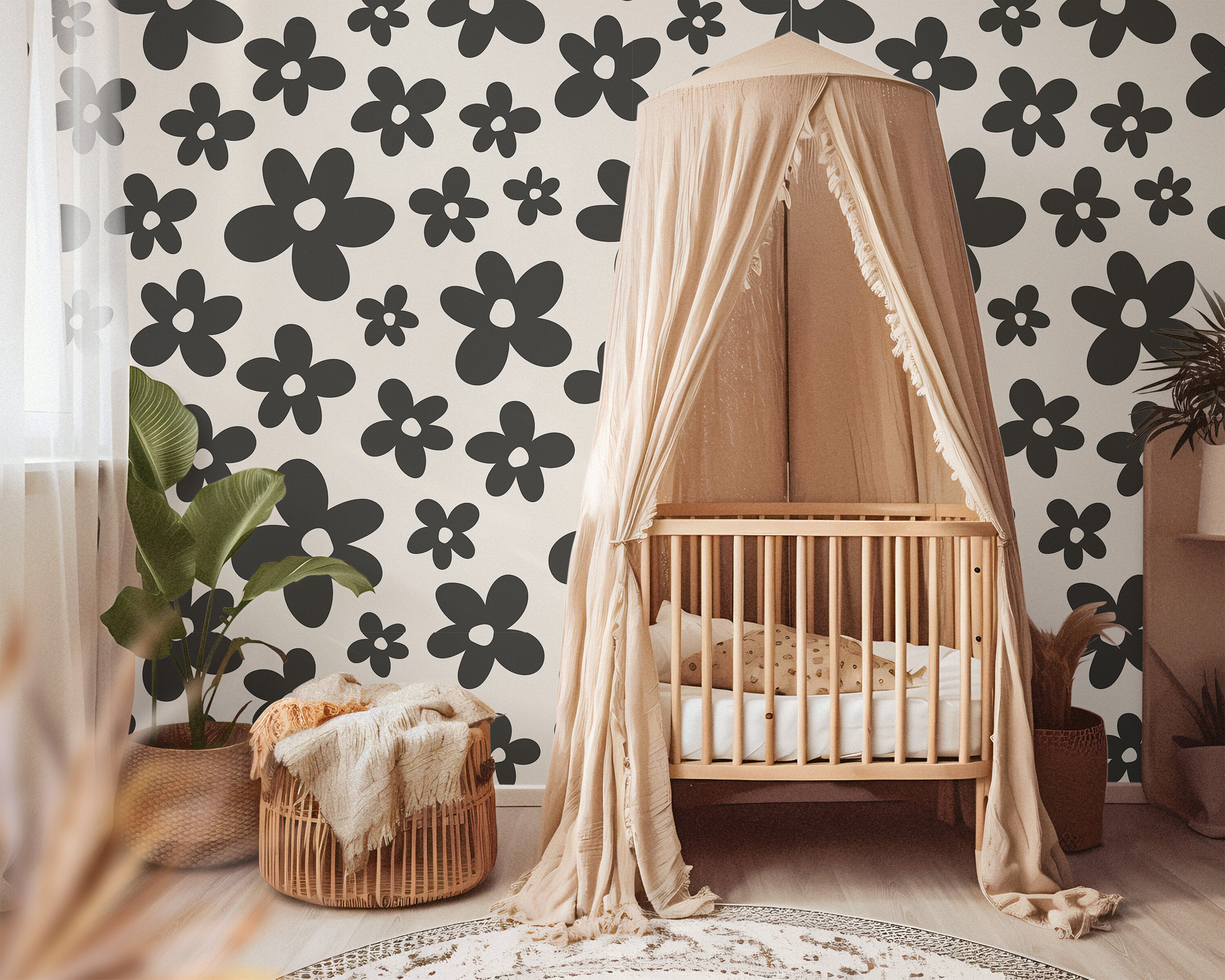 Black Floral Wallpaper | Girls Nursery Wallpaper | Kids Wallpaper | Childrens Wallpaper | Peel Stick Wallpaper | Removable Wallpaper 703 - James And Colors