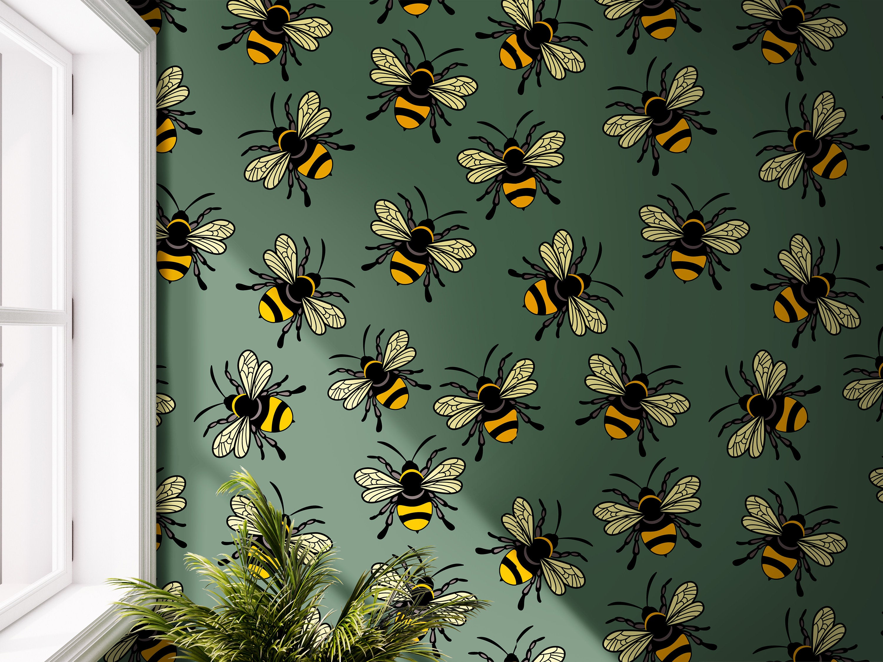 Wallpaper Peel and Stick Wallpaper Dark Green Bee Removable Wallpaper Wall Decor Home Decor Wall Art Room Decor 694 - James And Colors