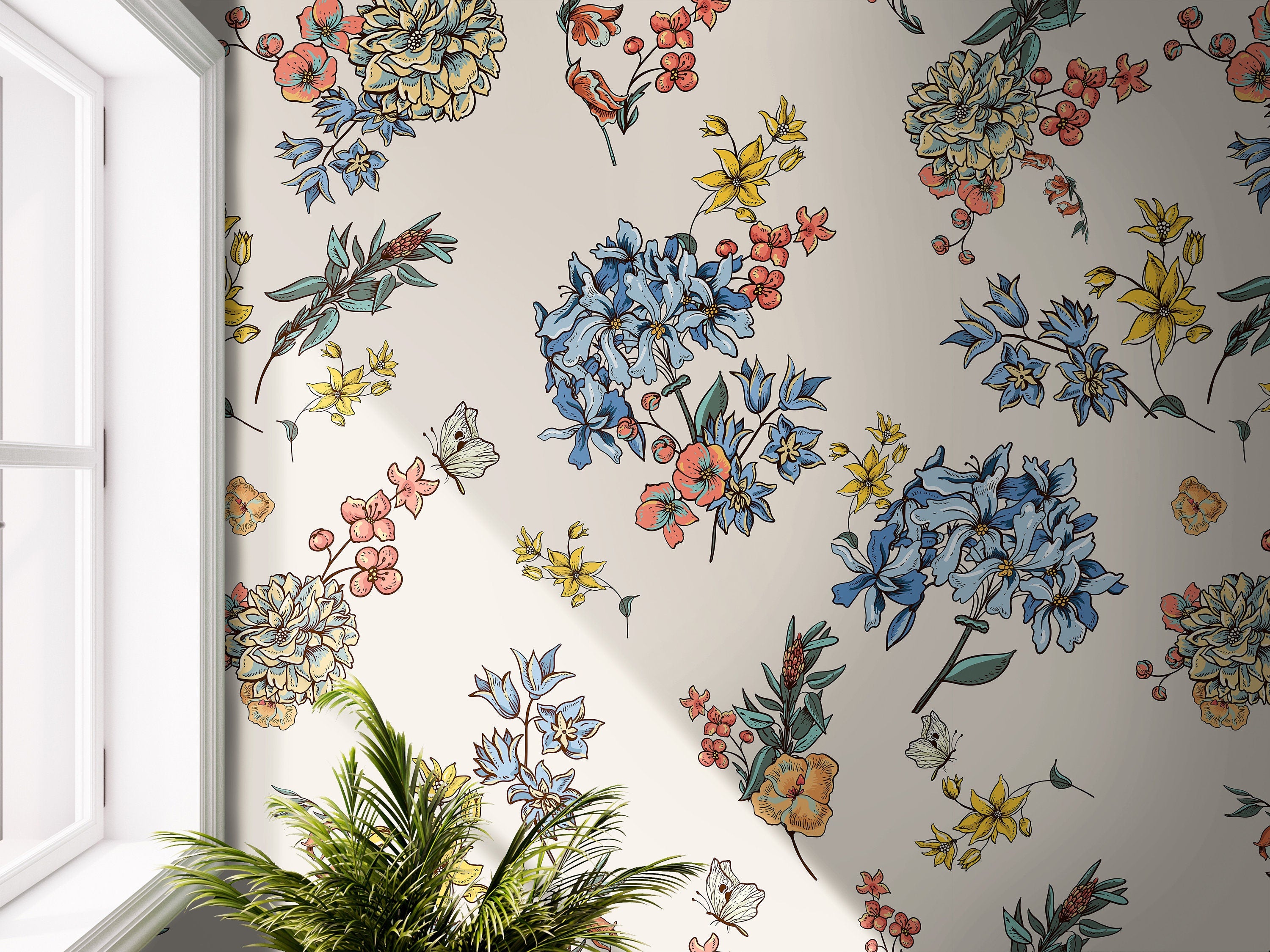 Wallpaper Peel and Stick Wallpaper Vintage Orange Blue Yellow Floral Removable Wallpaper Wall Decor Home Decor Wall Art Room Decor 715 - James And Colors