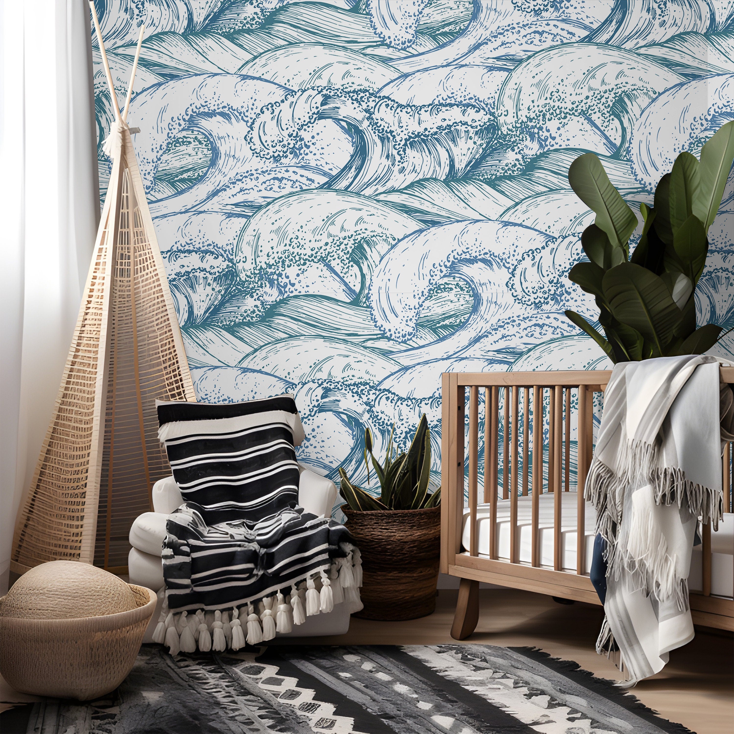 Removable Ocean Waves Wallpaper | Boys Nursery Wallpaper | Kids Wallpaper | Childrens Wallpaper | Peel Stick Wallpaper | Boys Room | 751 - James And Colors