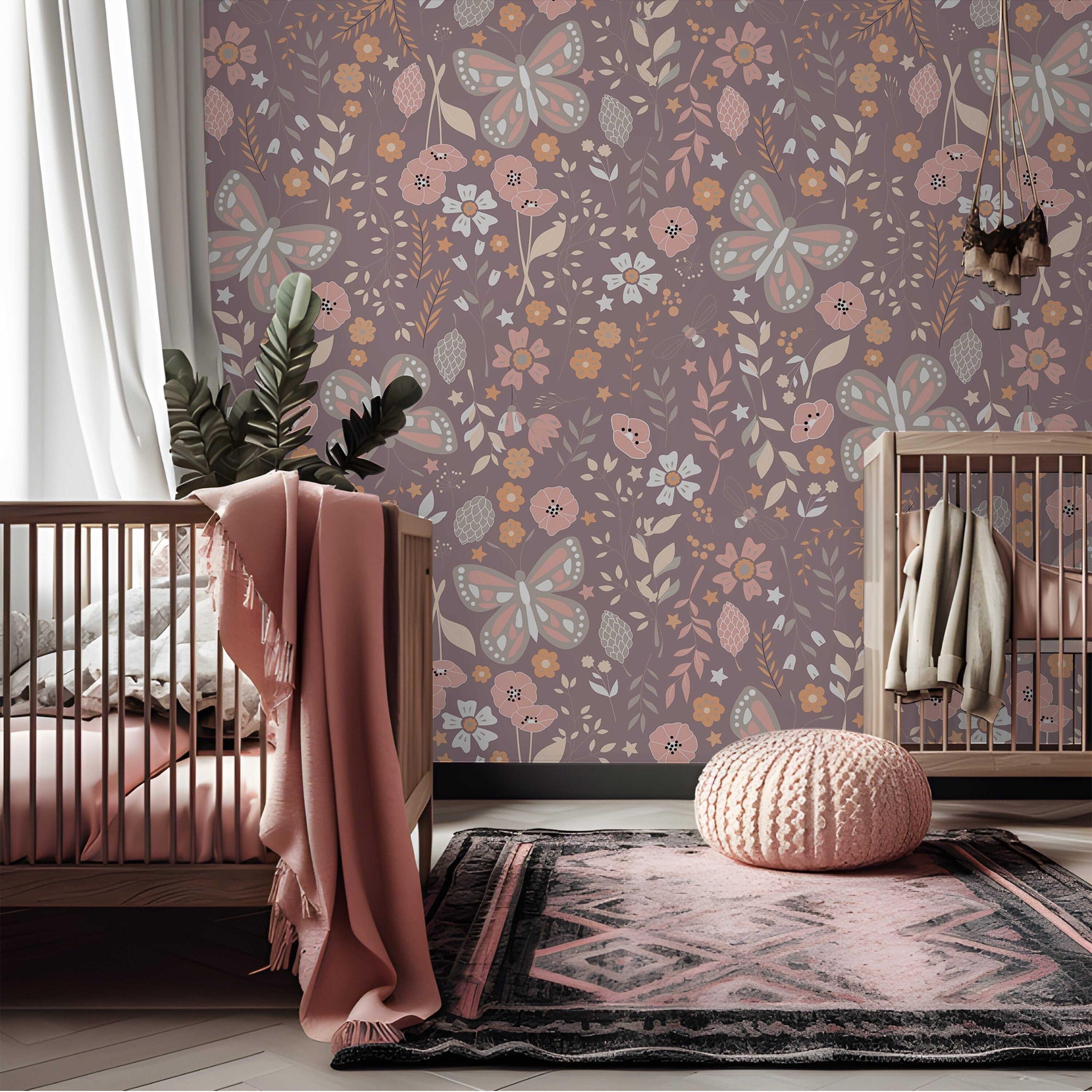 Purple Floral Wallpaper | Girls Nursery Wallpaper | Kids Wallpaper | Childrens Wallpaper | Peel Stick Wallpaper | Removable Wallpaper 716 - James And Colors