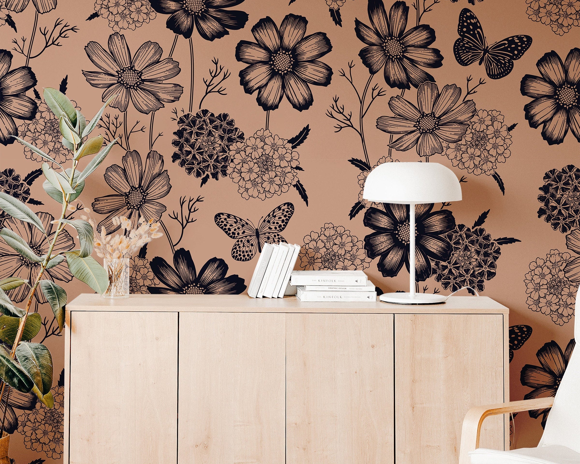 Wallpaper Peel and Stick Wallpaper Dark Butterfly Florals Removable Wallpaper Wall Decor Home Decor Wall Art Room Decor 707 - James And Colors
