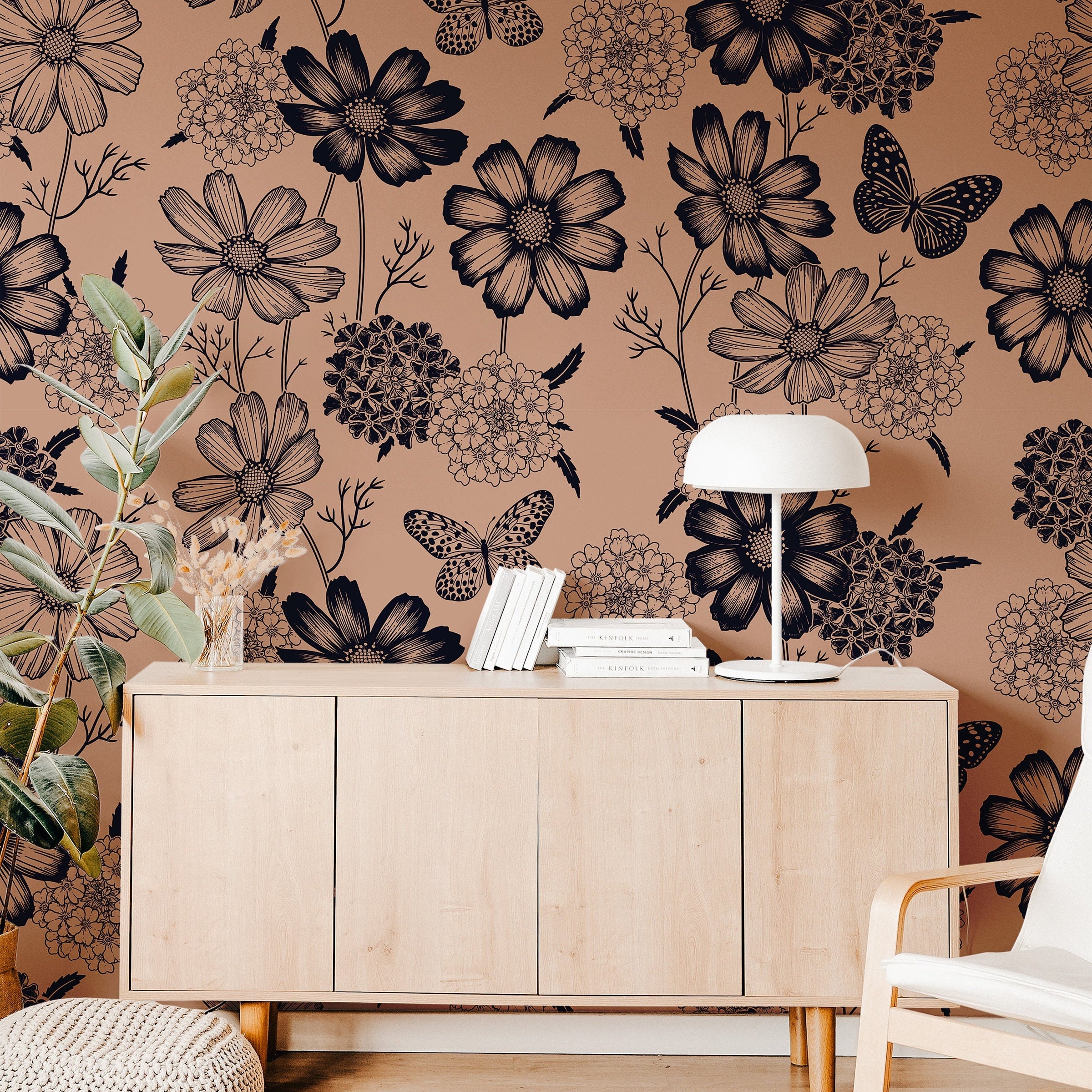 Wallpaper Peel and Stick Wallpaper Dark Butterfly Florals Removable Wallpaper Wall Decor Home Decor Wall Art Room Decor 707 - James And Colors