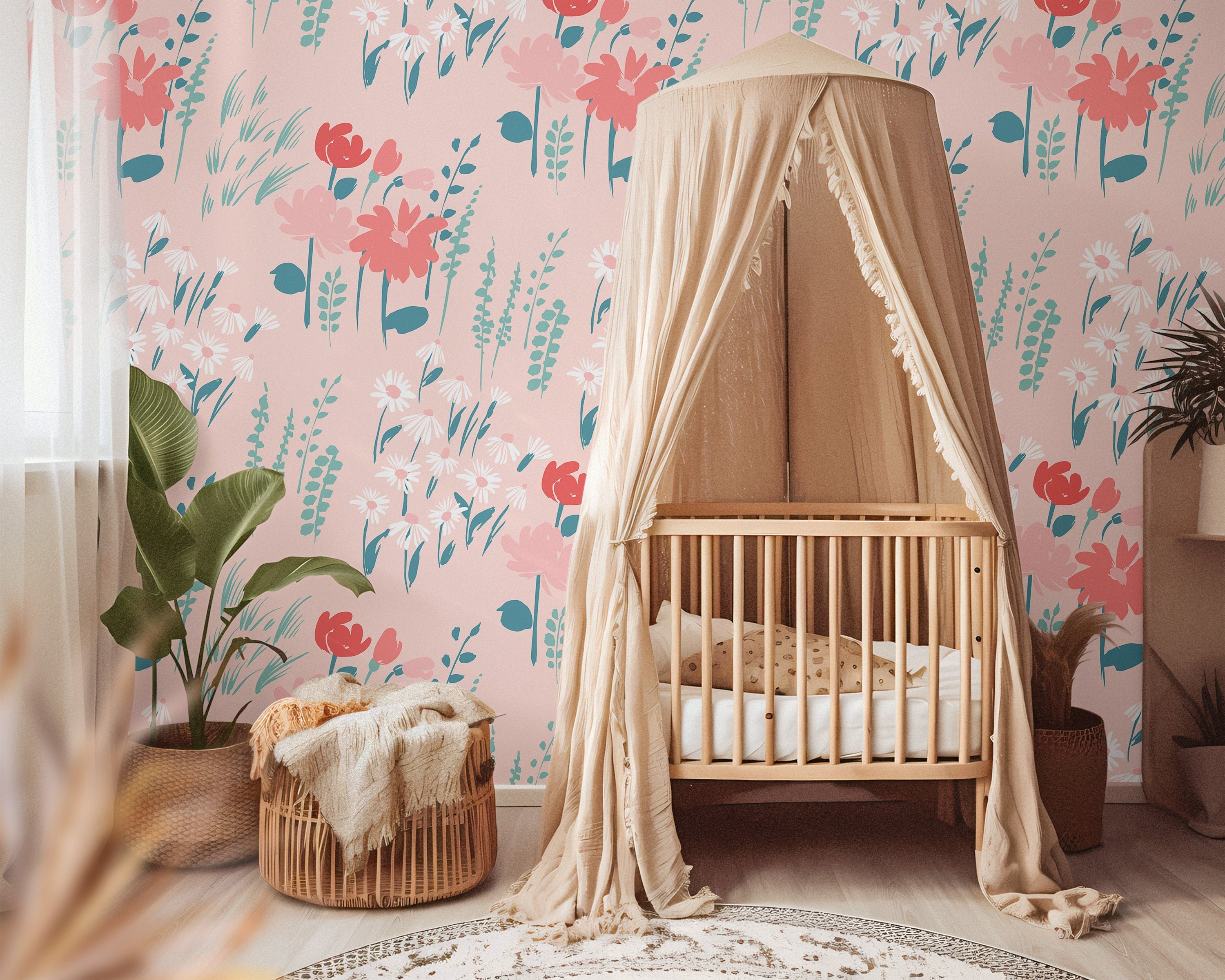 Pink Wildflowers Wallpaper | Girls Nursery Wallpaper | Kids Wallpaper | Childrens Wallpaper | Peel Stick Wallpaper | Removable Wallpaper 742 - James And Colors