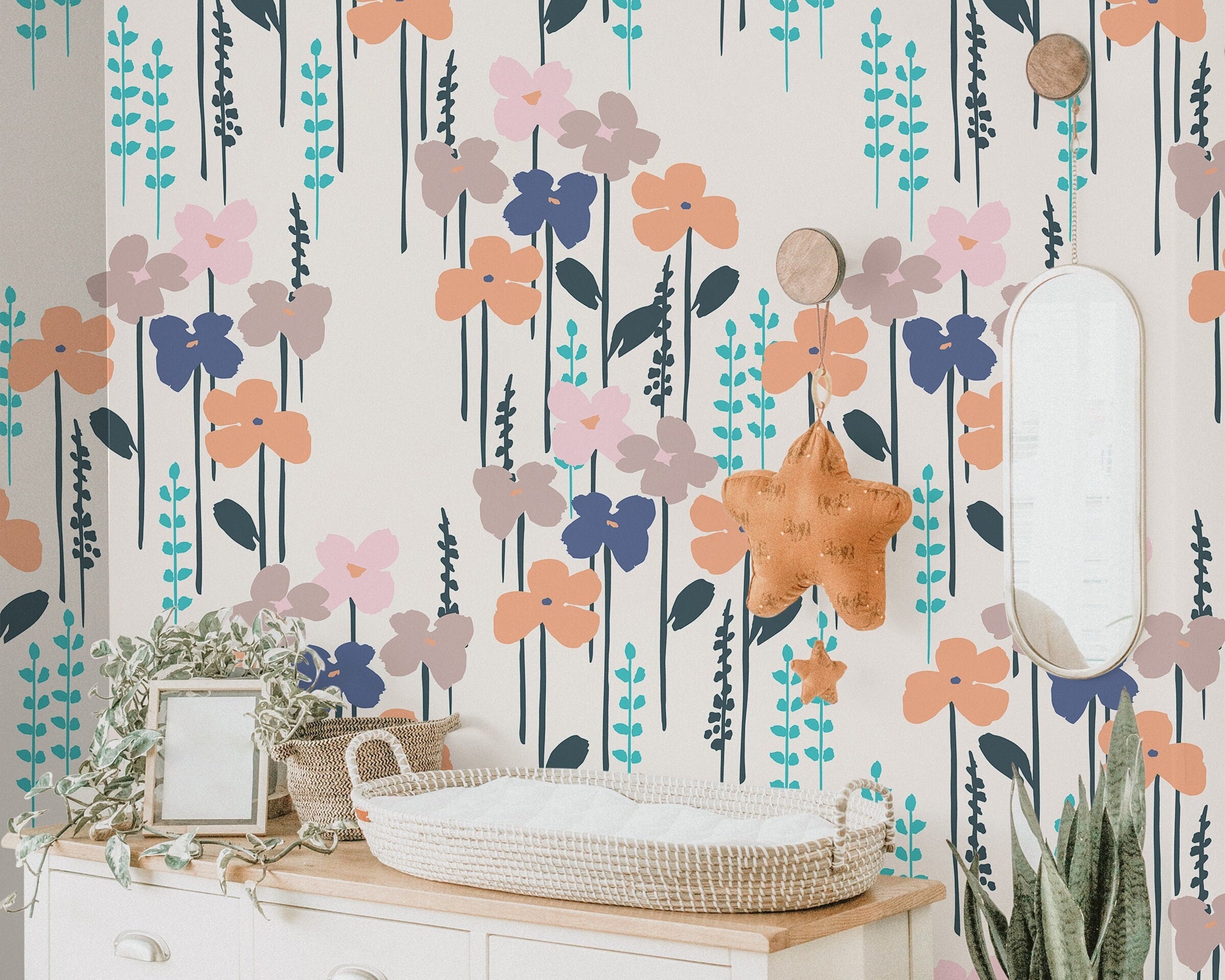 Pastel Floral Cream Wallpaper | Girls Nursery Wallpaper | Kids Wallpaper | Childrens Wallpaper | Peel Stick Removable Wallpaper | 698 - James And Colors