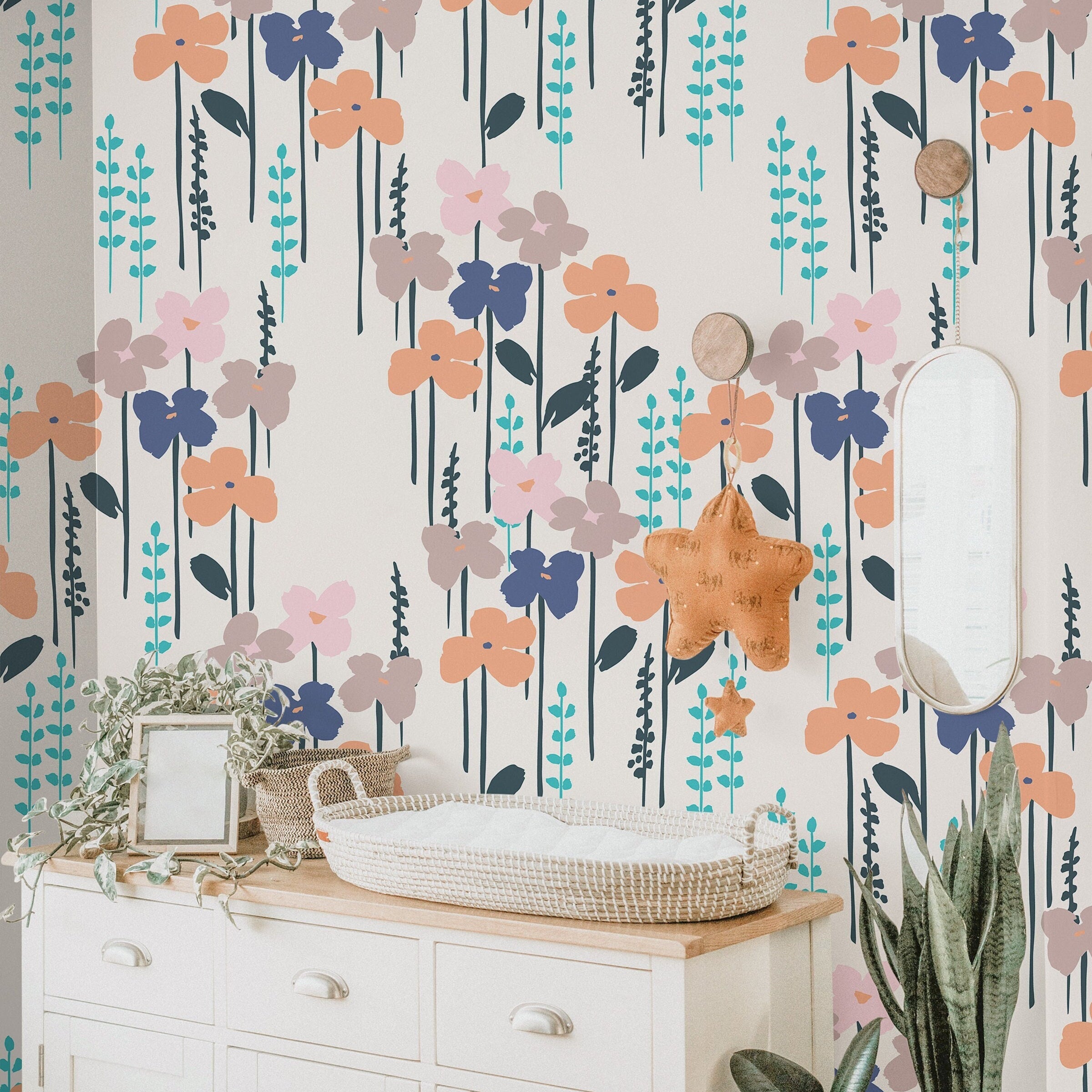 Pastel Floral Cream Wallpaper | Girls Nursery Wallpaper | Kids Wallpaper | Childrens Wallpaper | Peel Stick Removable Wallpaper | 698 - James And Colors