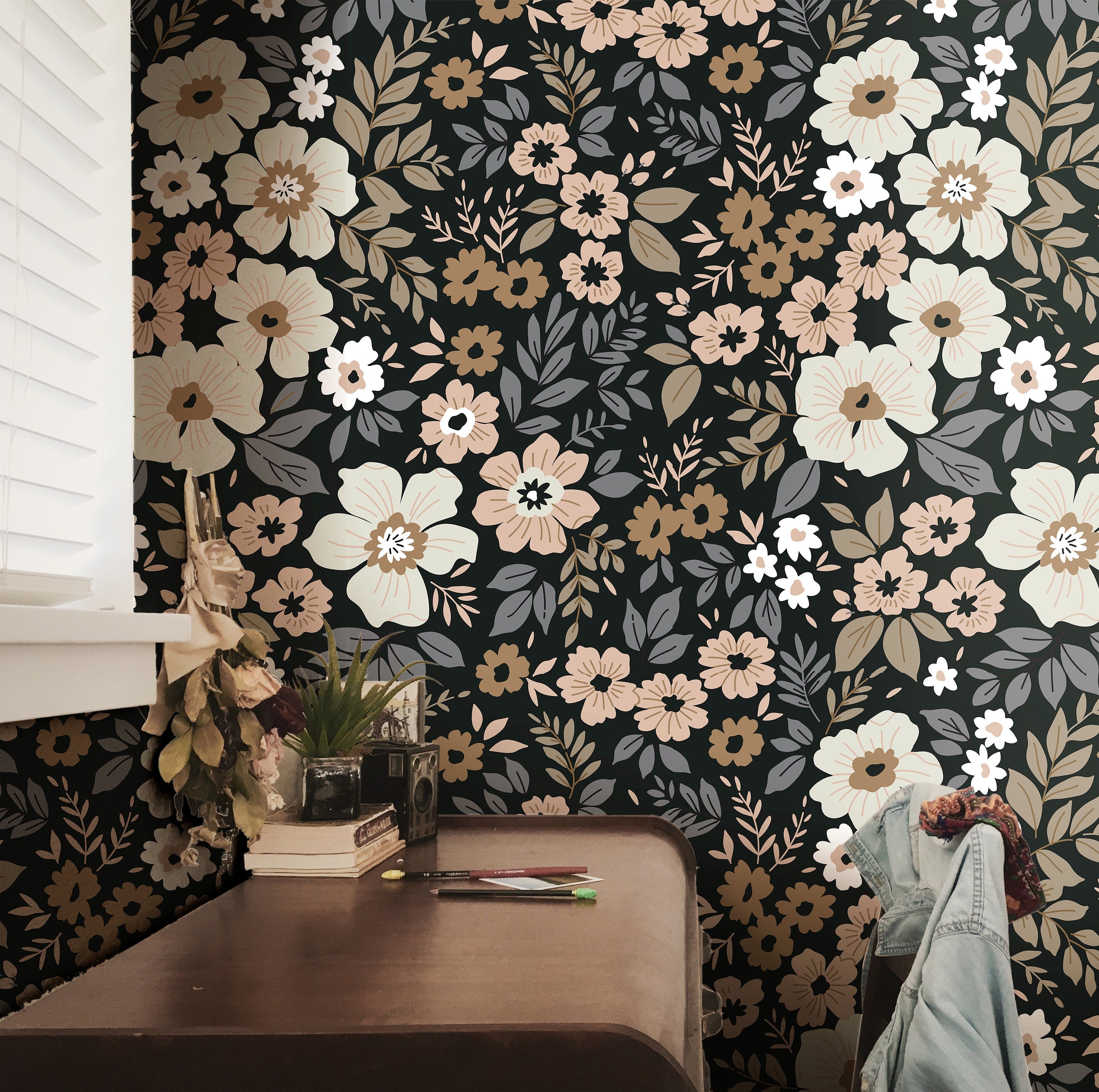 Wallpaper Peel and Stick Wallpaper Dark Muted Moody Floral Garden Removable Wallpaper Wall Decor Home Decor Wall Art Room Decor 765 - James And Colors