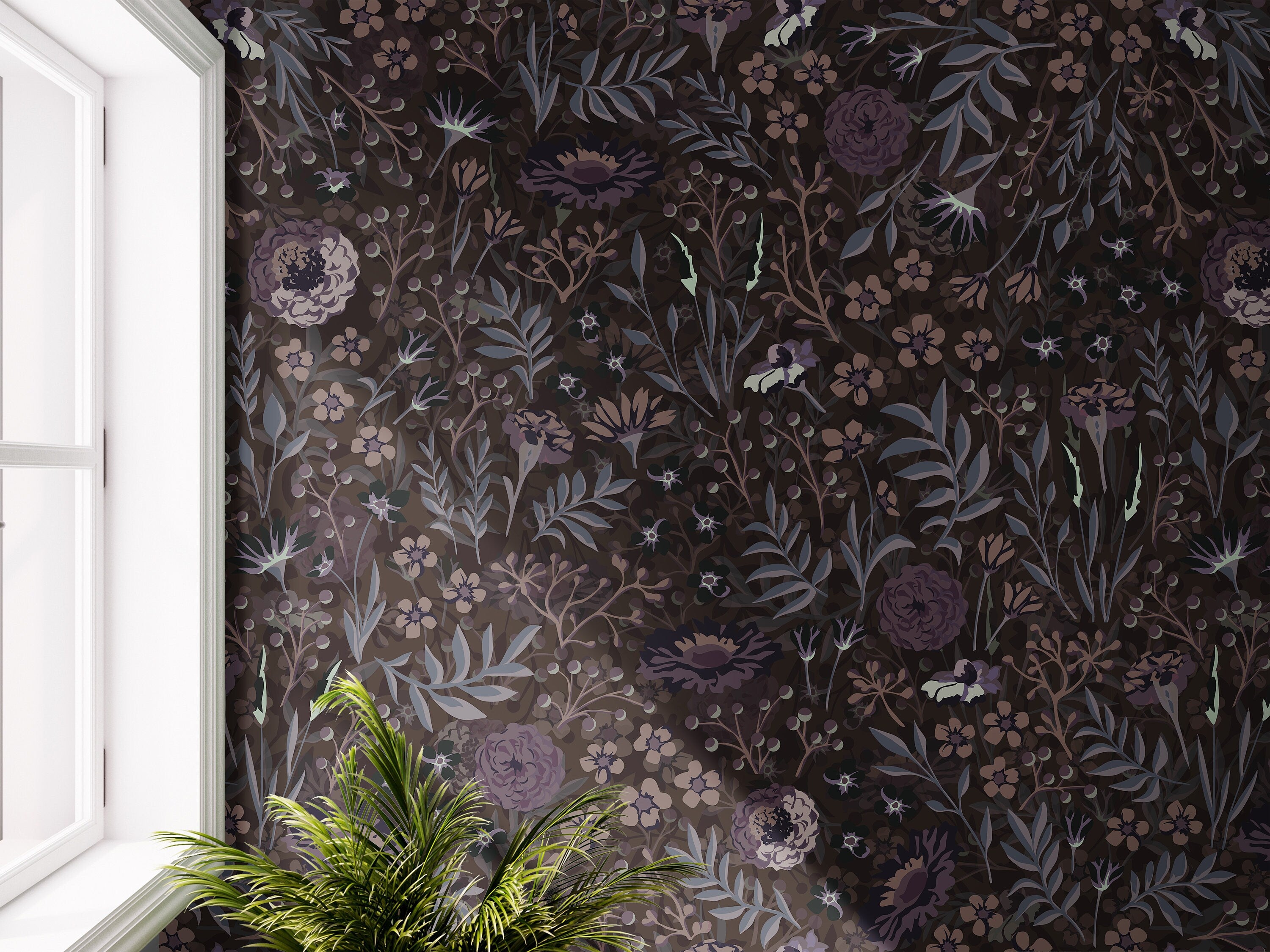 Wallpaper 762: Elegant dark floral wallpaper featuring intricate botanical elements, midnight blossoms, and delicate leaves on a moody backdrop for a sophisticated, vintage-inspired aesthetic.