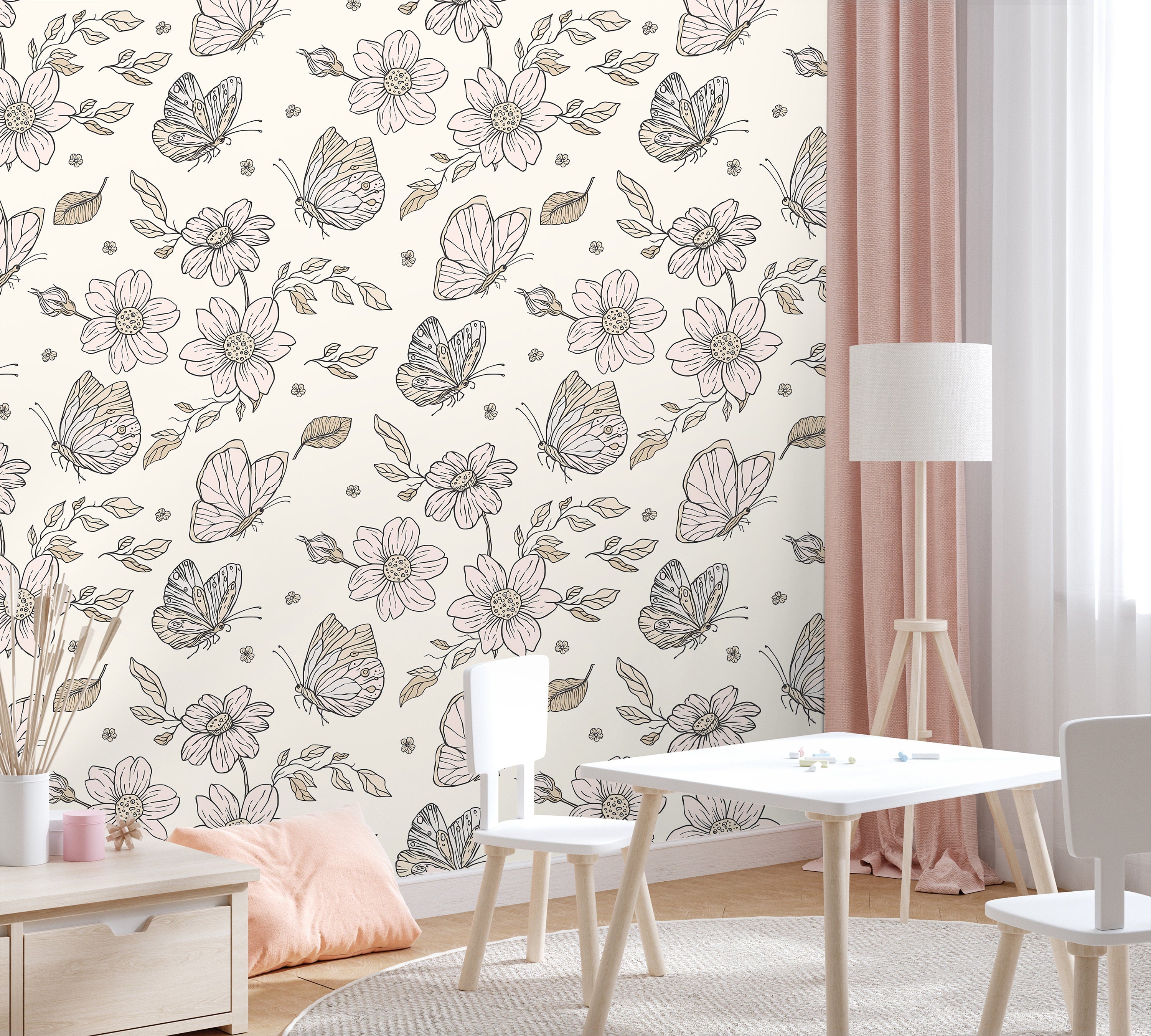 Pink Floral Butterfly Wallpaper | Girls Nursery Wallpaper | Kids Wallpaper | Childrens Wallpaper | Peel Stick Removable Wallpaper | 831 - James And Colors