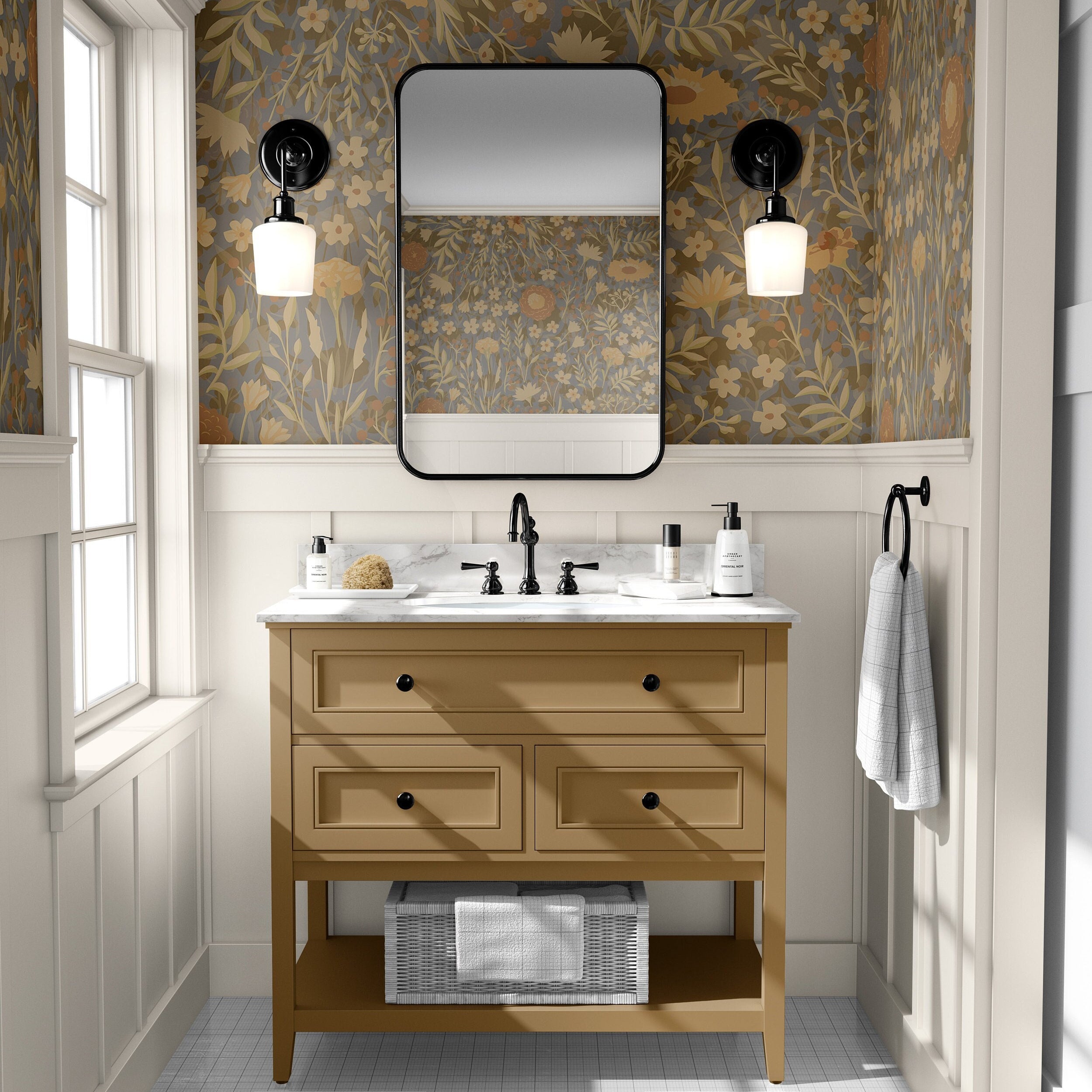 Wallpaper 775: Elegant bathroom featuring moody floral wallpaper in warm tones of mustard, olive, dusty blue, and ochre, styled with white wainscoting and a golden vanity with black fixtures.