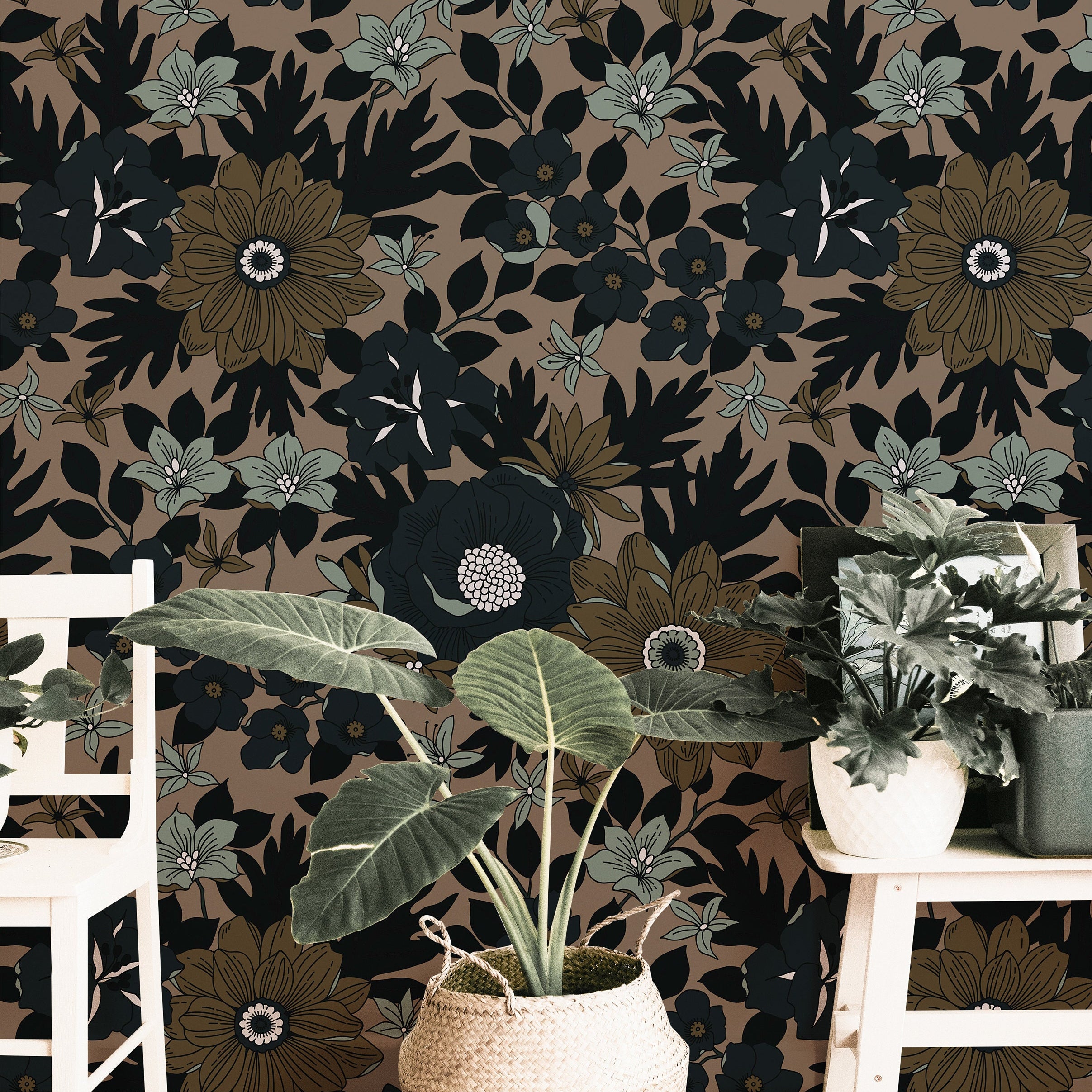 Taupe Tangle | Moody Floral Removable Wallpaper for Office, Bedroom, Doors, Walls, DIY Home Decor 919 - James And Colors