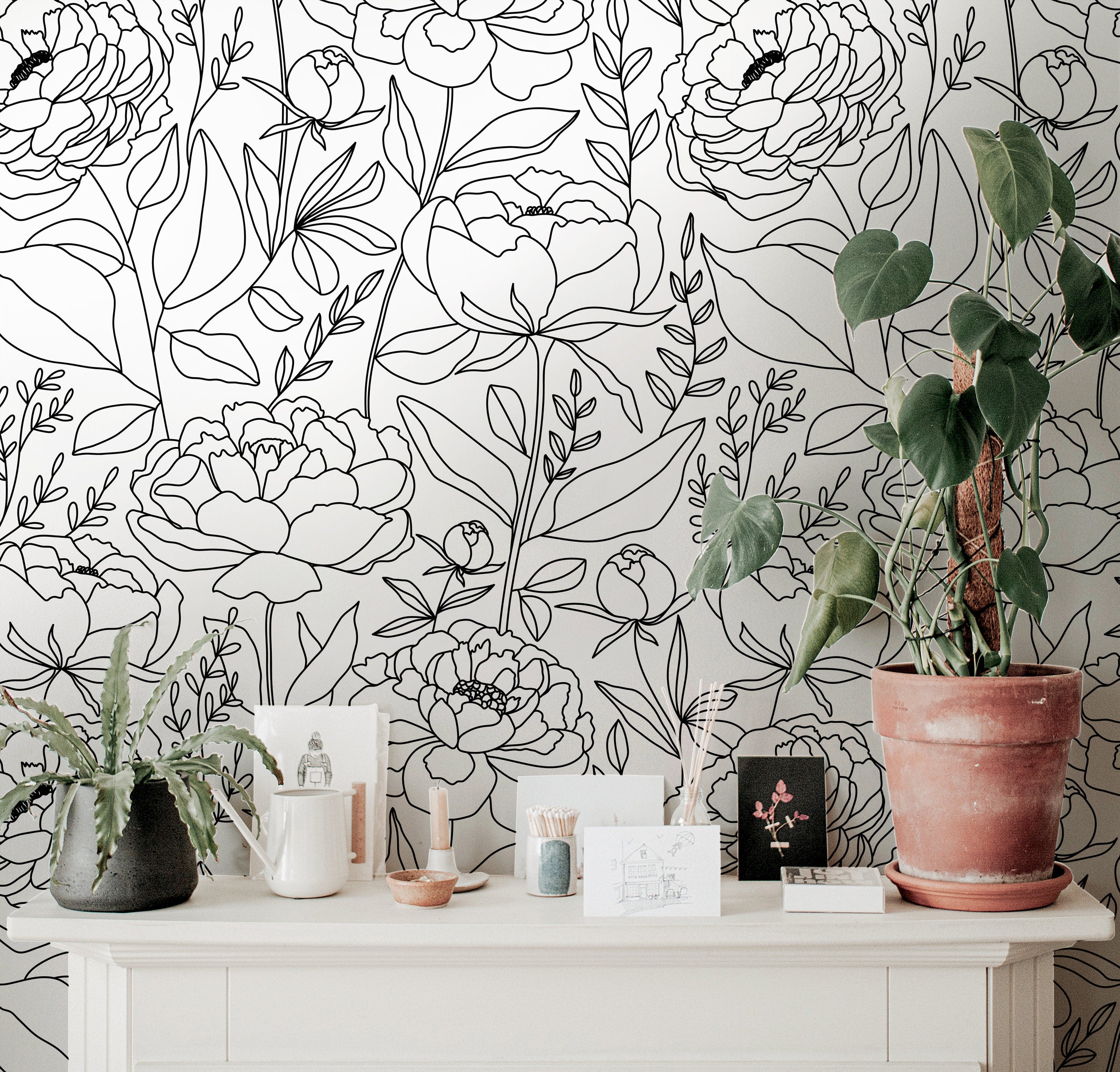 Wallpaper Peel and Stick Wallpaper Black White Large Floral Outline Removable Wallpaper Wall Decor Home Decor Wall Art Room Decor 914 - James And Colors