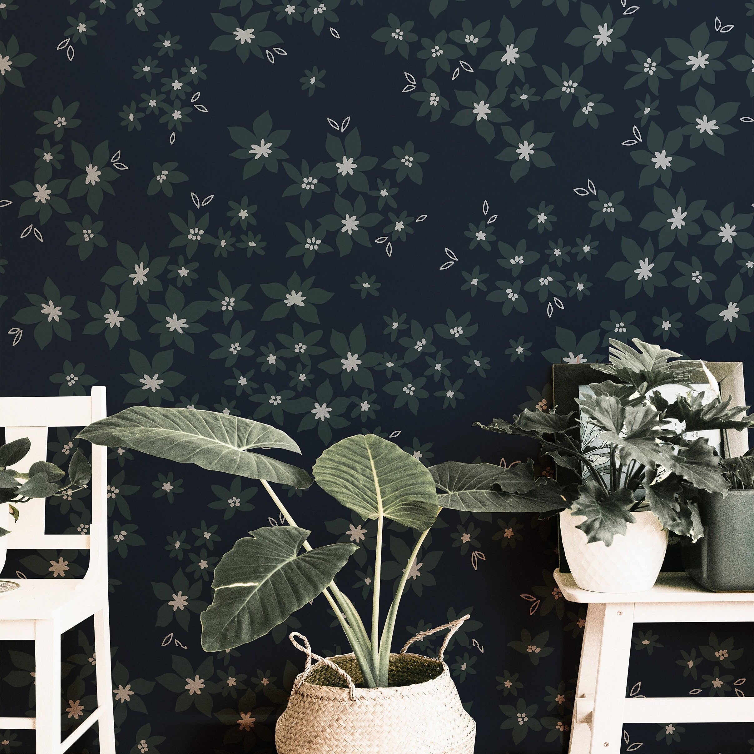 Navy Boho Floral Wallpaper Peel and Stick Wallpaper Removable Wallpaper Wall Decor Home Decor Wall Art Printable Wall Art Room Decor 913 - James And Colors