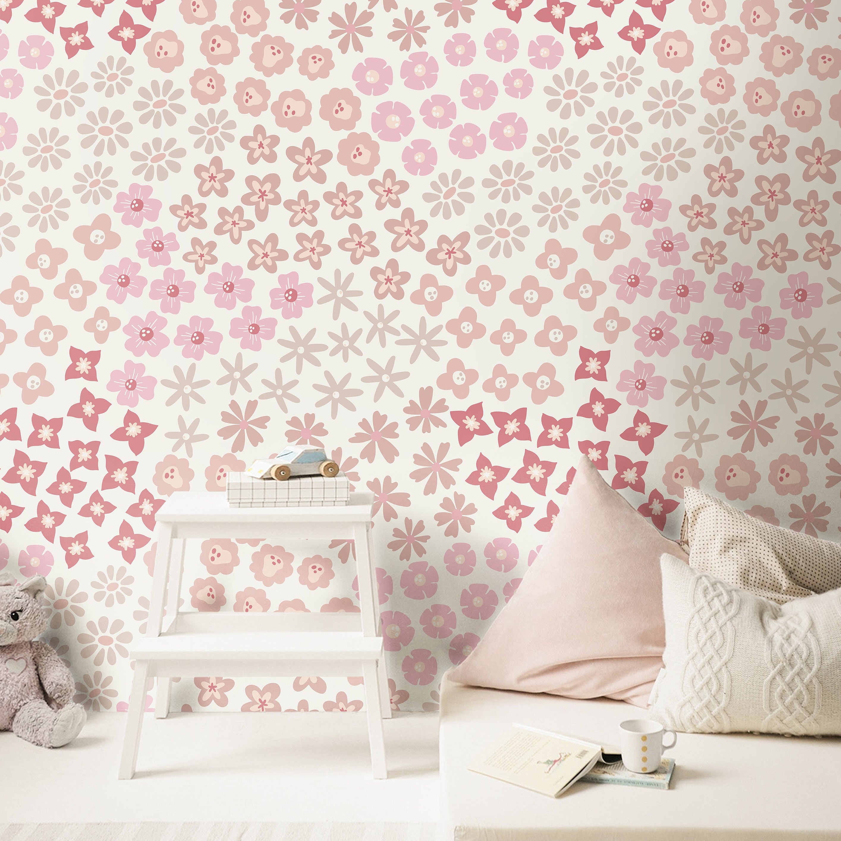 Set of 2 Panels of 24in (2ft) x 84in (7ft) Pink Floral Garden DISCOUNTED Peel And Stick Wallpaper 912