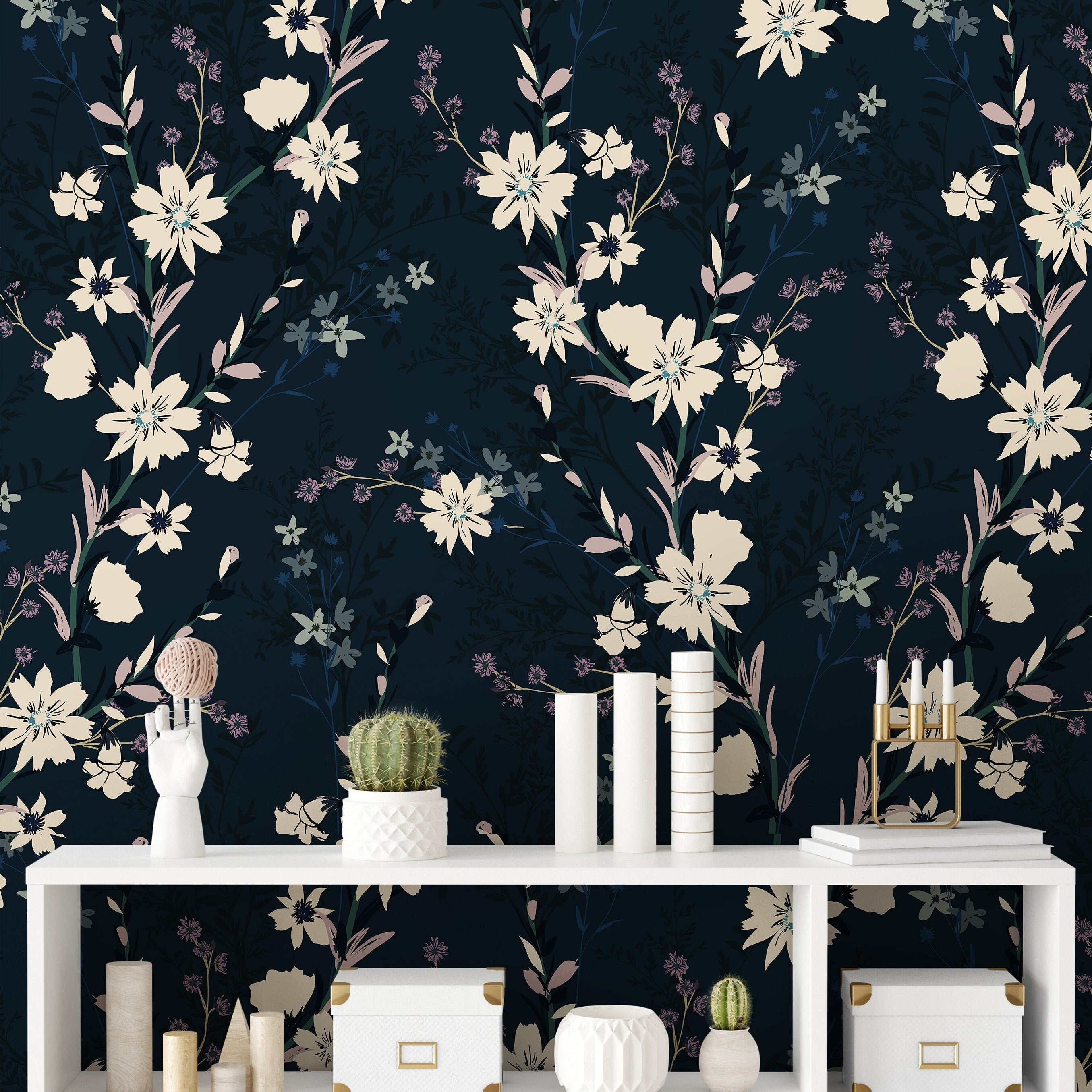 Navy Wild Floral Wallpaper Peel and Stick Wallpaper Removable Wallpaper Wall Decor Home Decor Wall Art Printable Wall Art Room Decor 916 - James And Colors