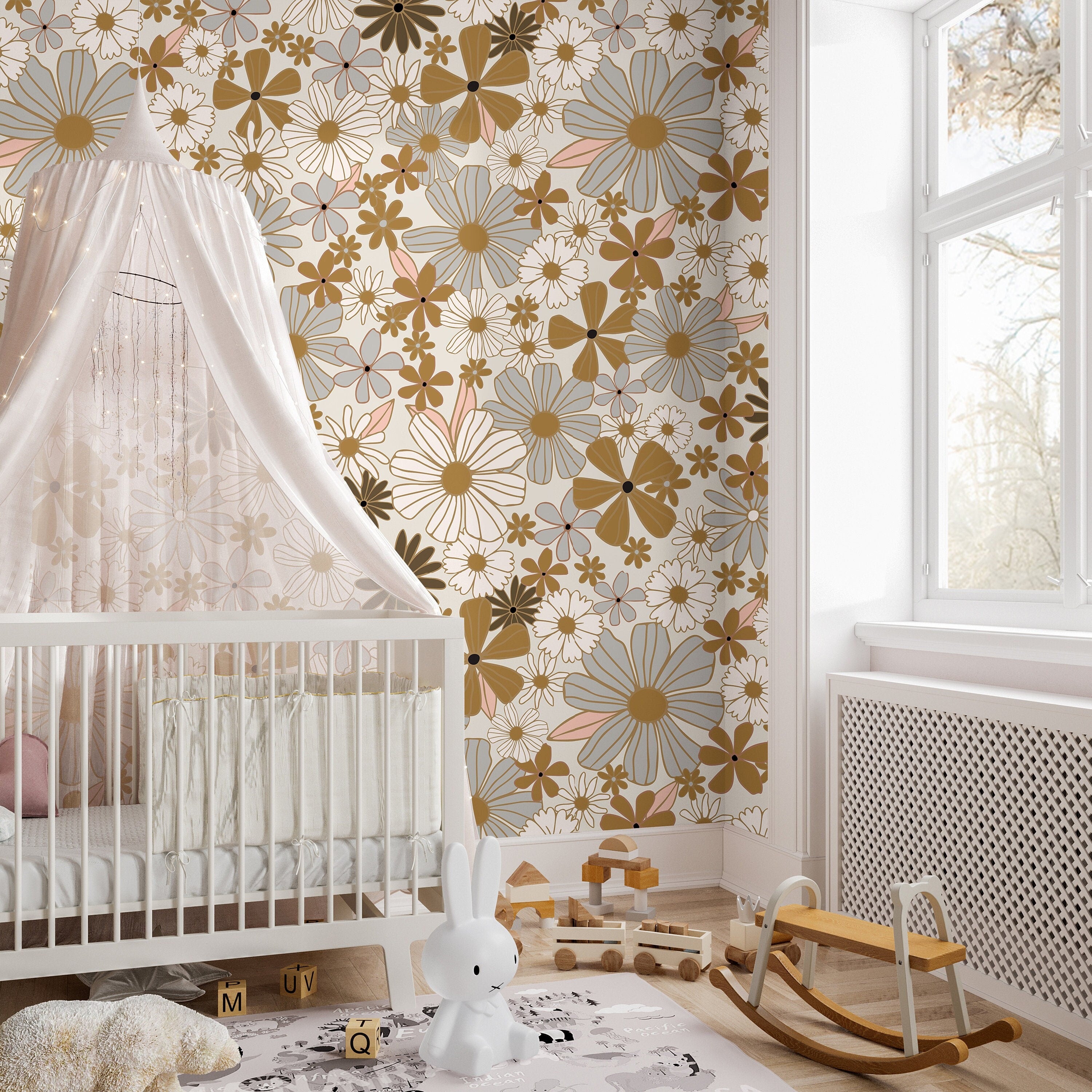 Pink Golden Floral Boho Wallpaper | Girls Nursery Wallpaper | Kids Wallpaper | Childrens Wallpaper | Peel Stick Removable Wallpaper | 909 - James And Colors