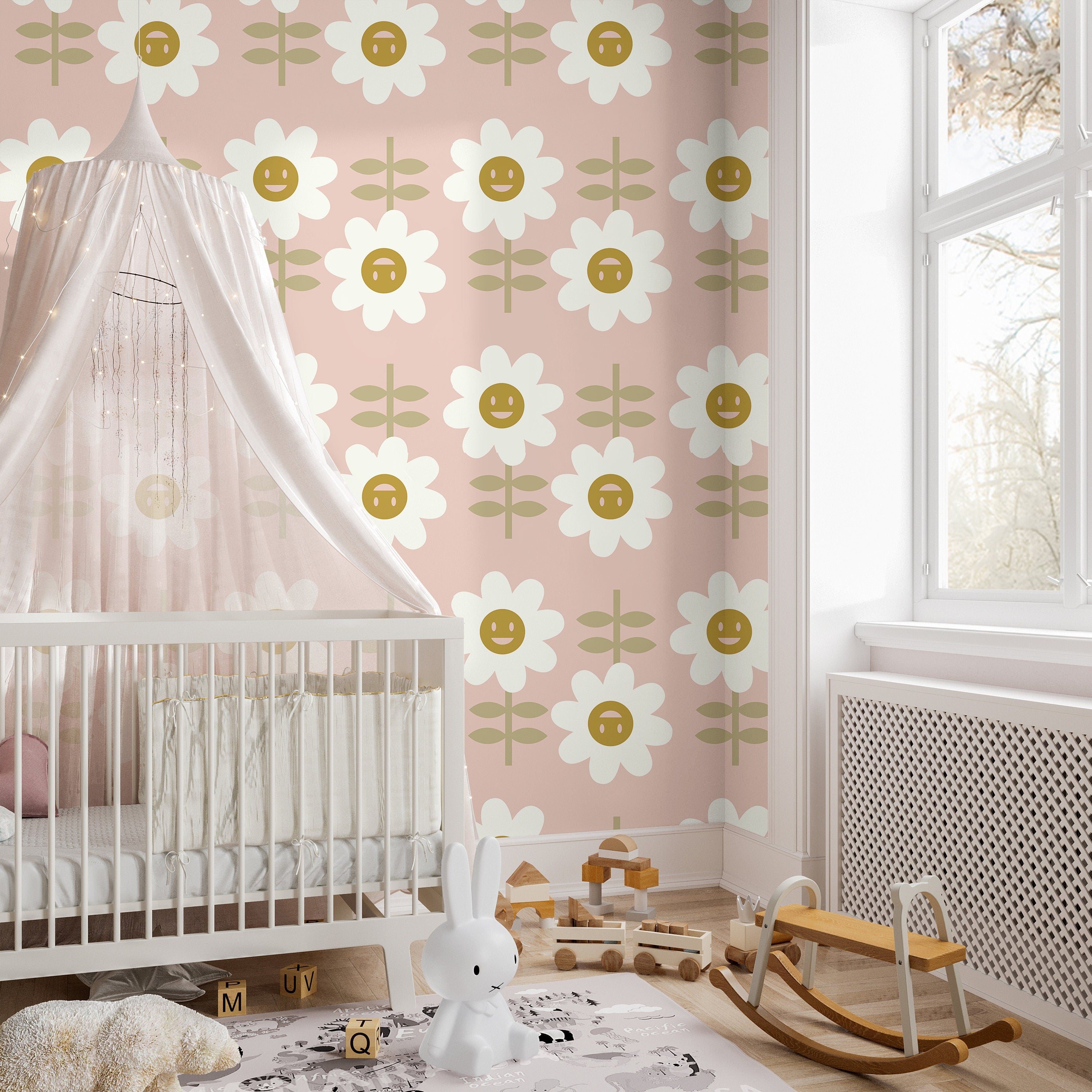 Pink Happy Daisies Floral Wallpaper | Girls Nursery Wallpaper | Kids Wallpaper | Childrens Wallpaper | Peel Stick Removable Wallpaper | 910 - James And Colors