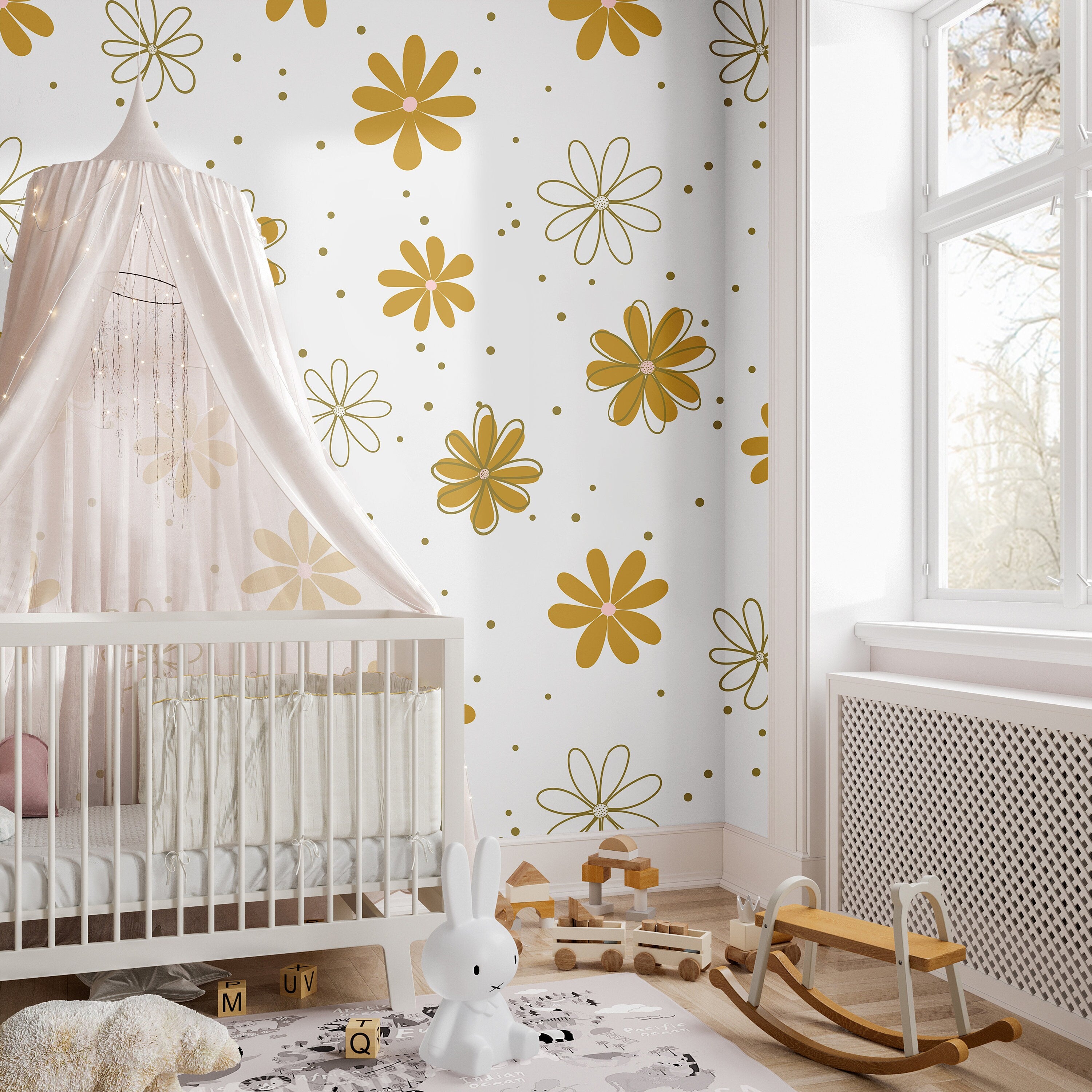 White Golden Floral Boho Wallpaper | Girls Nursery Wallpaper | Kids Wallpaper | Childrens Wallpaper | Peel Stick Removable Wallpaper | 908 - James And Colors