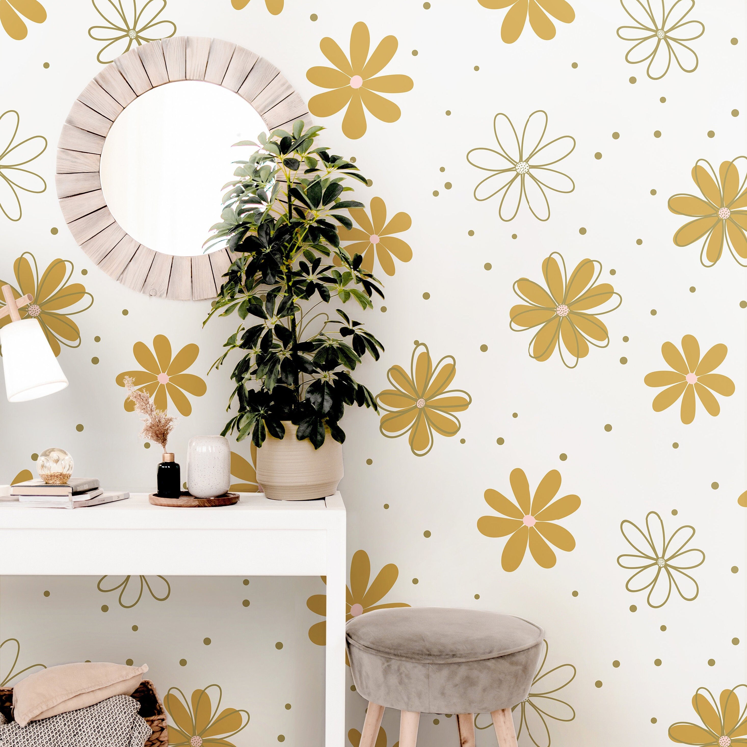 White Golden Floral Boho Wallpaper | Girls Nursery Wallpaper | Kids Wallpaper | Childrens Wallpaper | Peel Stick Removable Wallpaper | 908 - James And Colors