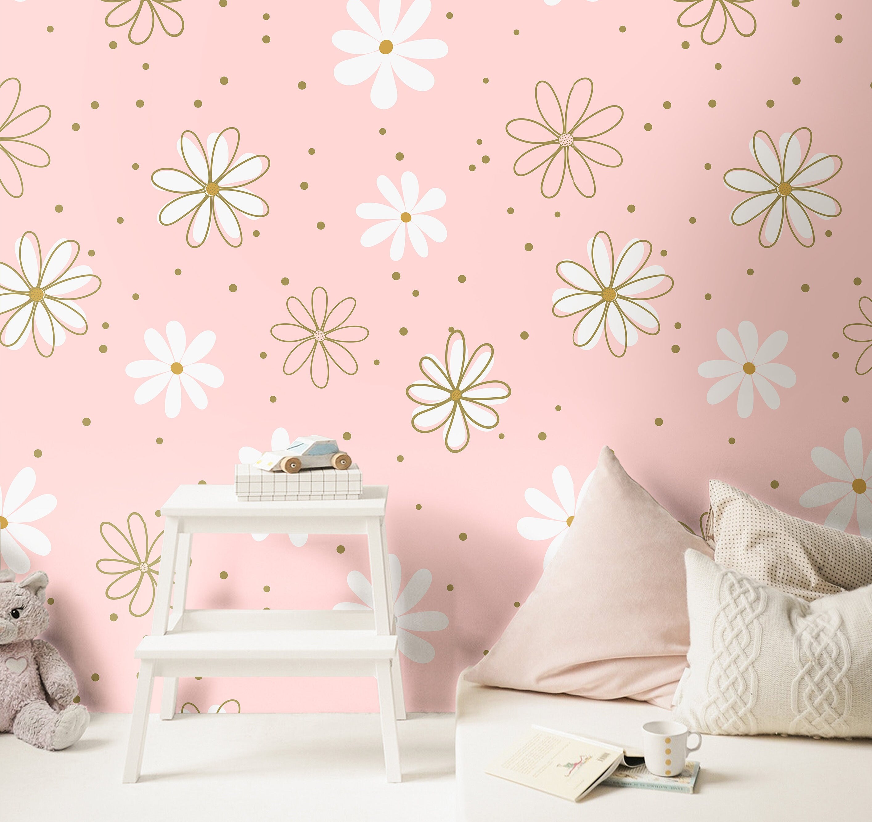 Pink Golden Floral Boho Wallpaper | Girls Nursery Wallpaper | Kids Wallpaper | Childrens Wallpaper | Peel Stick Removable Wallpaper | 907 - James And Colors