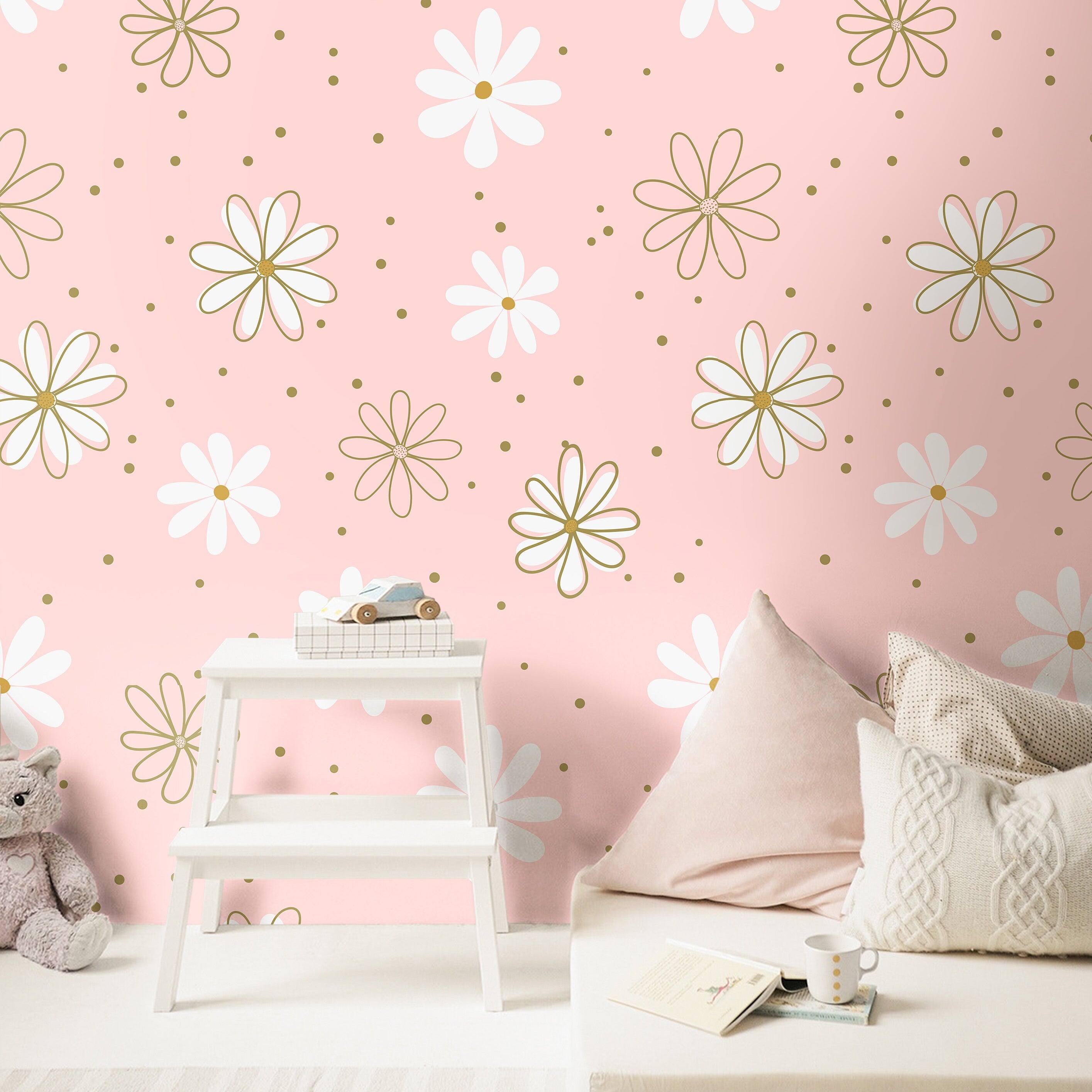 Pink Golden Floral Boho Wallpaper | Girls Nursery Wallpaper | Kids Wallpaper | Childrens Wallpaper | Peel Stick Removable Wallpaper | 907 - James And Colors