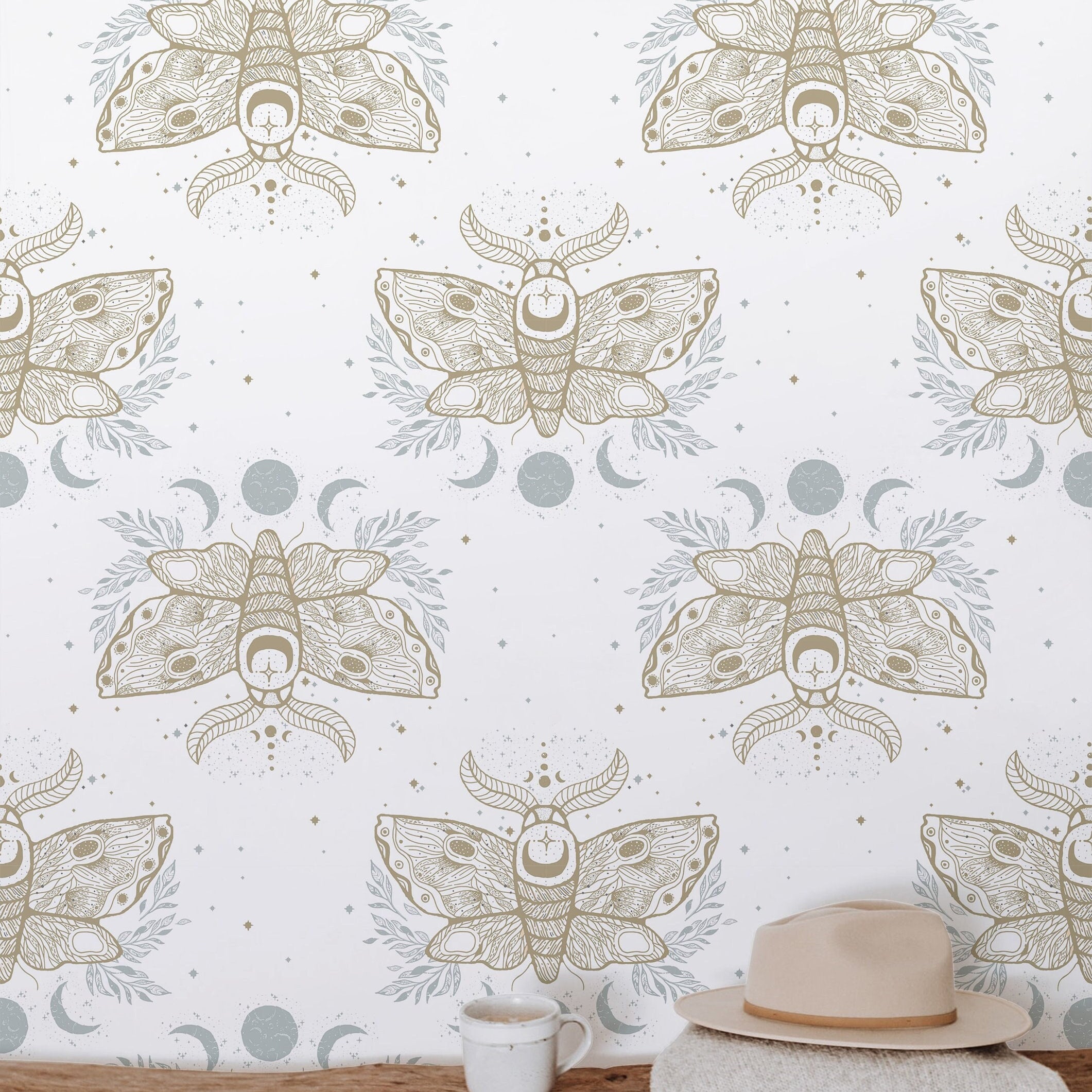 Wallpaper Peel and Stick Wallpaper Boho Moth Mystic Moon White Removable Wallpaper Wall Decor Home Decor Wall Art Room Decor 891 - James And Colors