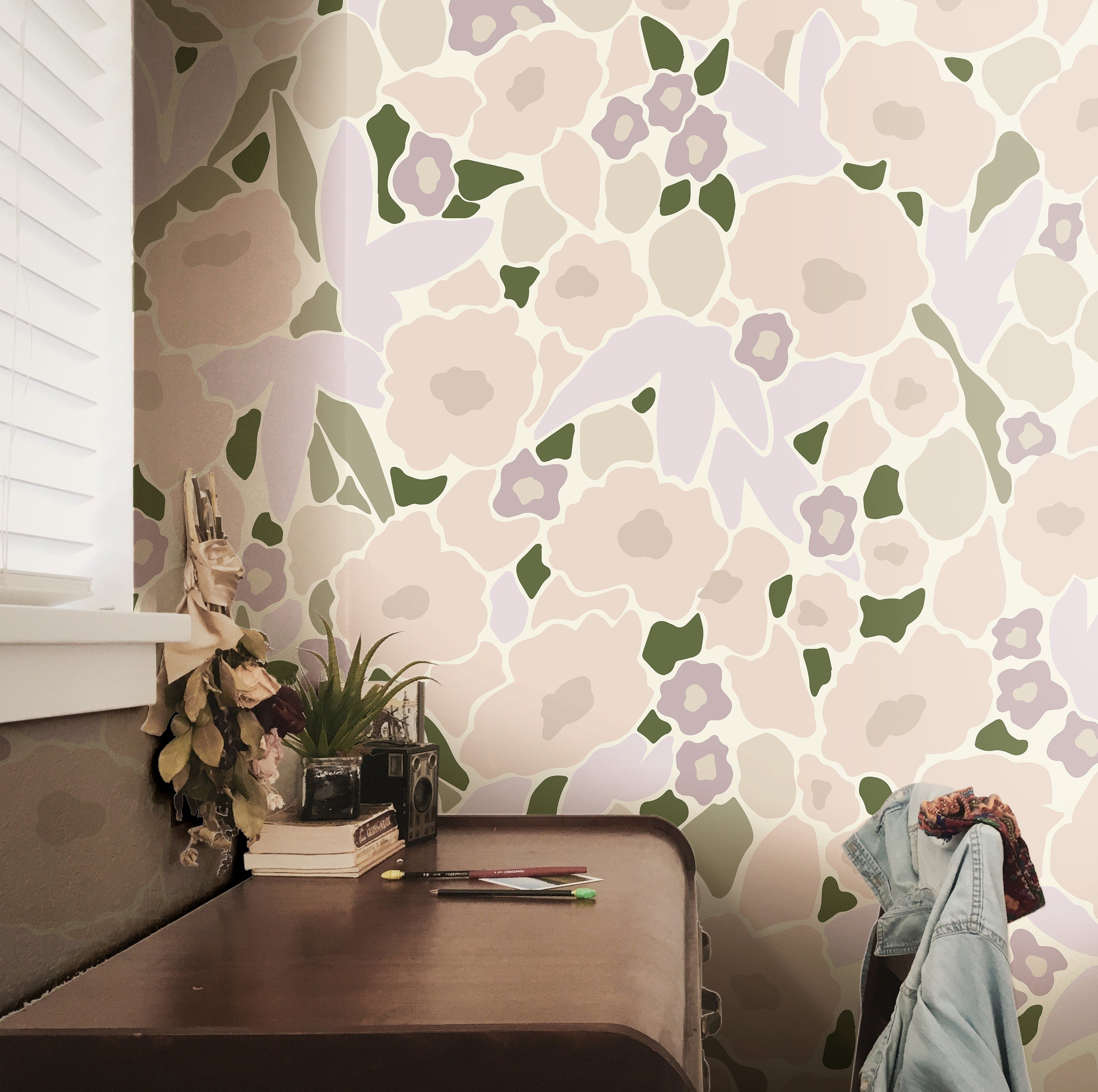 Wallpaper Peel and Stick Wallpaper Light Purple Floral Pastel Outline Removable Wallpaper Wall Decor Home Decor Wall Art Room Decor 770 - James And Colors